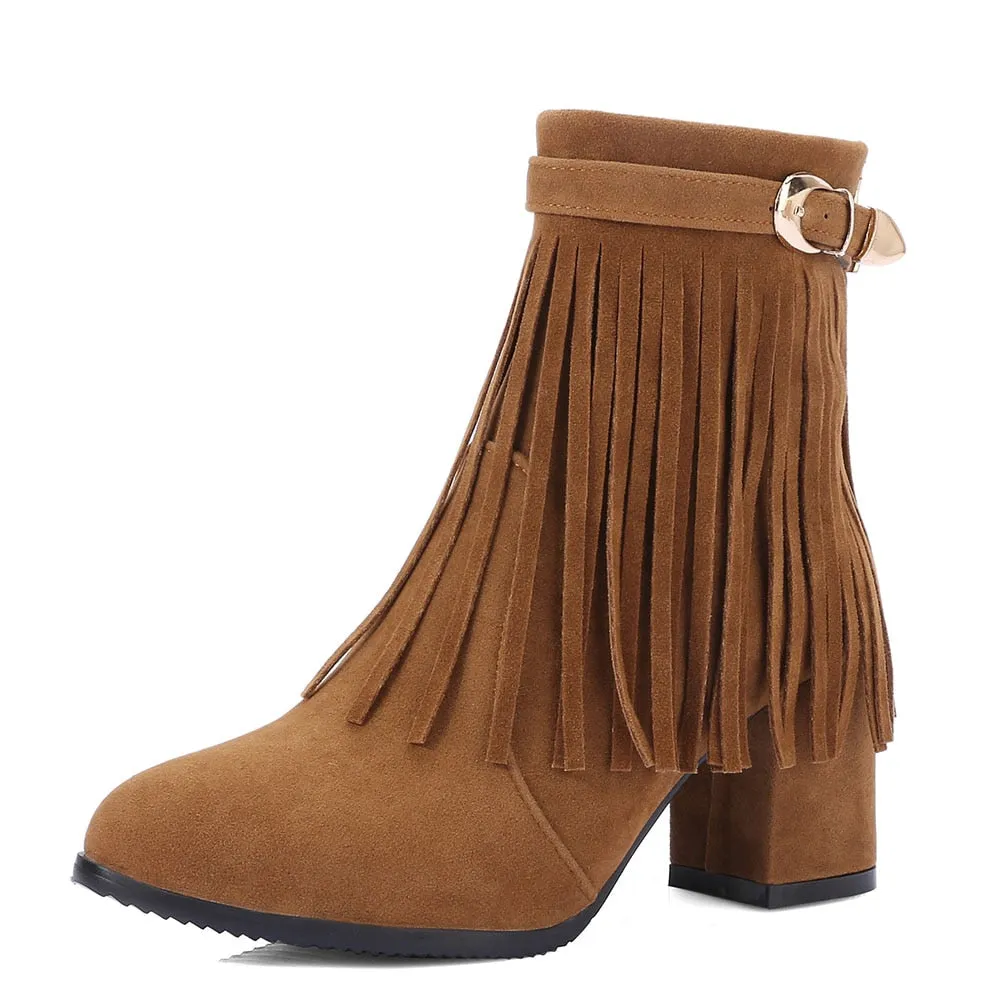 2023 Women 's Flock Tassel Fringes Western Cowboy Ankle Boots Slip On Frosted  Square Heels Cowgirl Women's Shoes