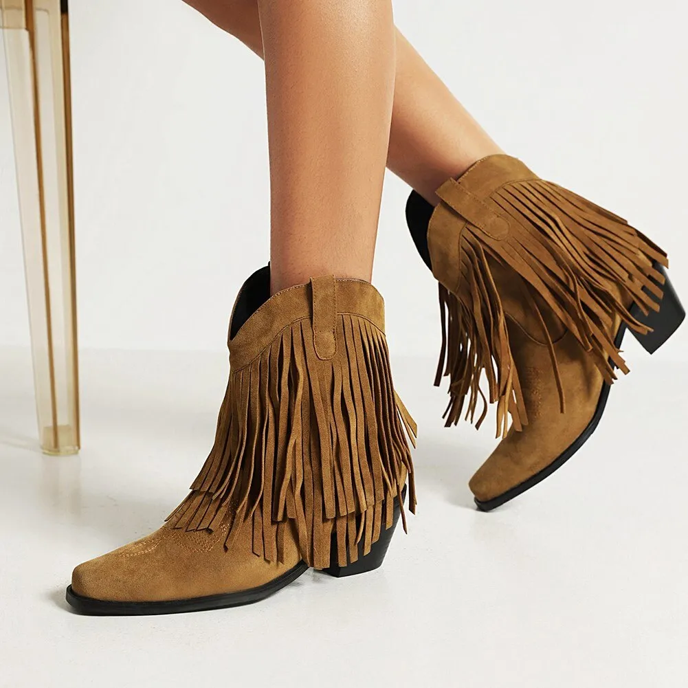 2023 Women 's Flock Tassel Fringes Western Cowboy Ankle Boots Slip On Frosted  Square Heels Cowgirl Women's Shoes