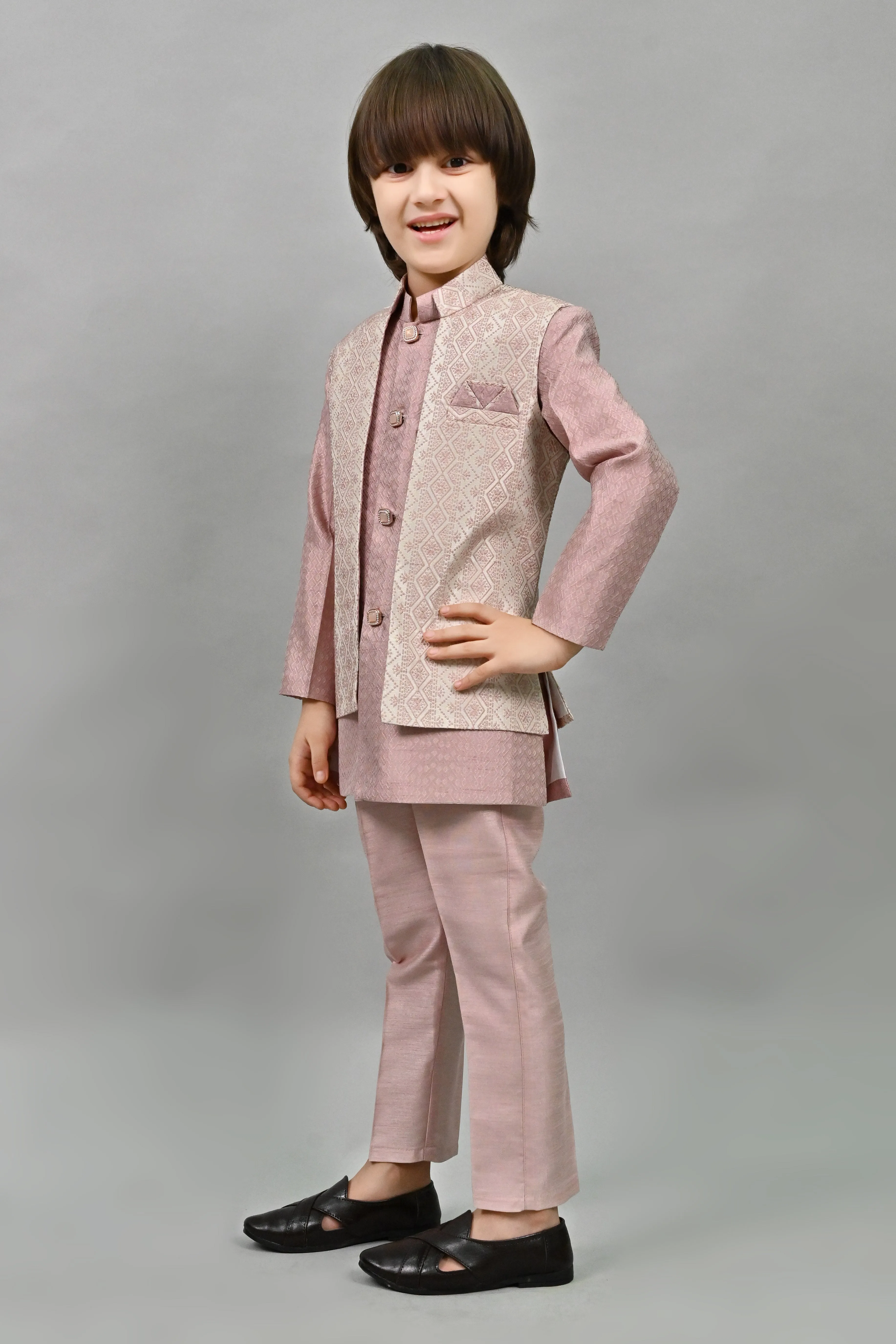 Ahhaaaa Ethnic Zari Work Indo-Western Printed Kurta, Waistcoat and Pajama 3-Piece Set for Boys