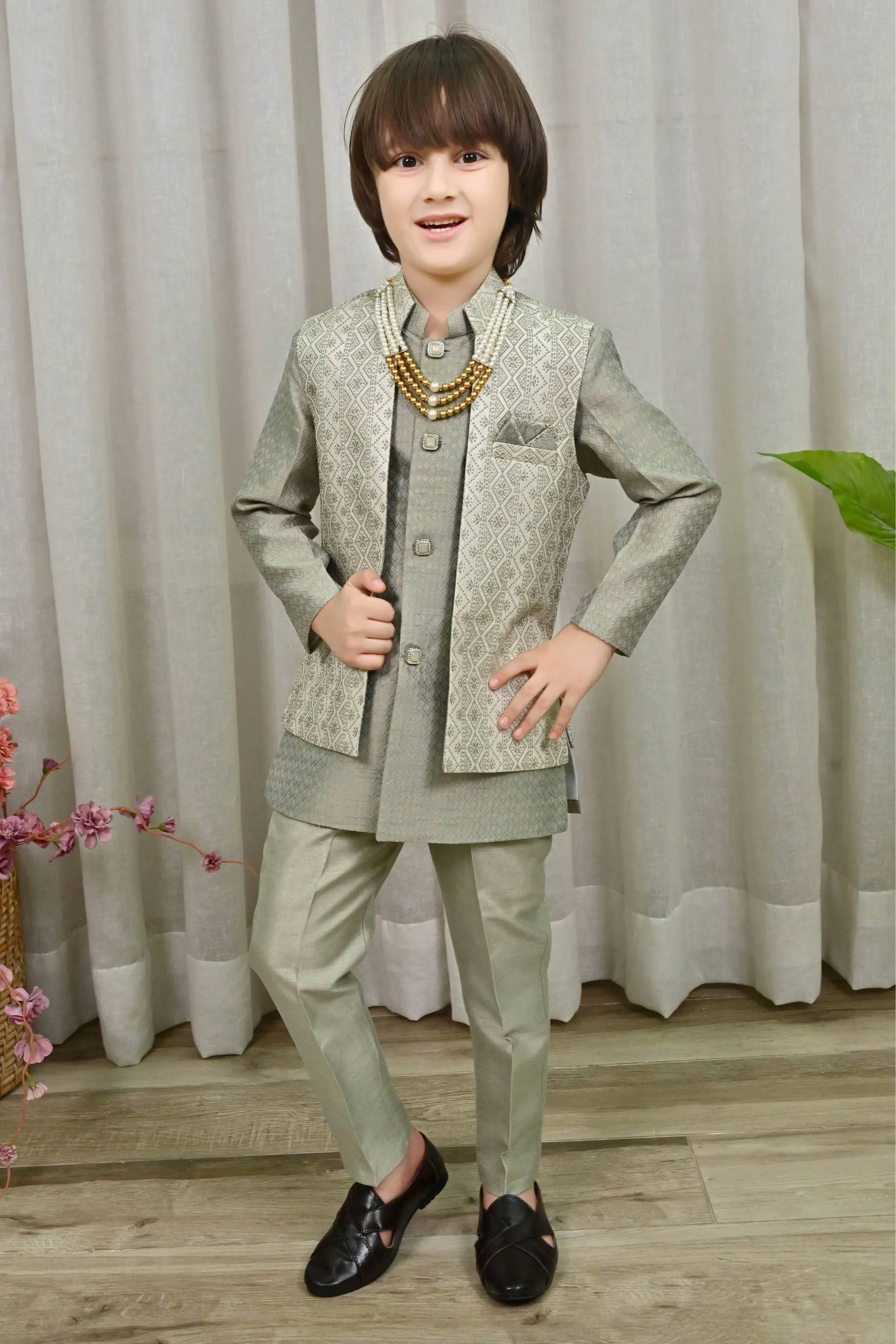 Ahhaaaa Ethnic Zari Work Indo-Western Printed Kurta, Waistcoat and Pajama 3-Piece Set for Boys