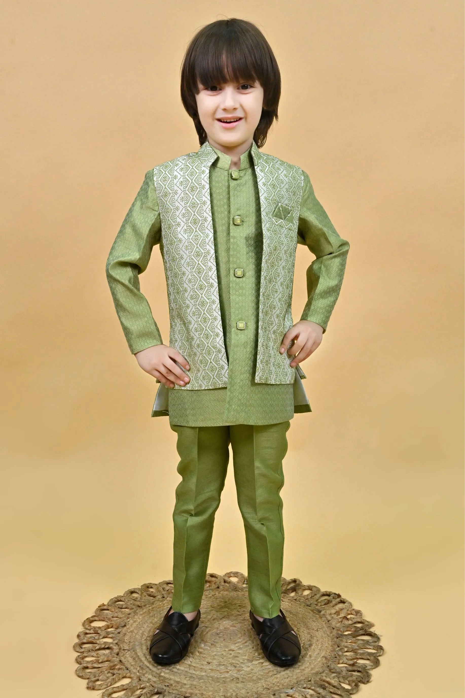 Ahhaaaa Ethnic Zari Work Indo-Western Printed Kurta, Waistcoat and Pajama 3-Piece Set for Boys