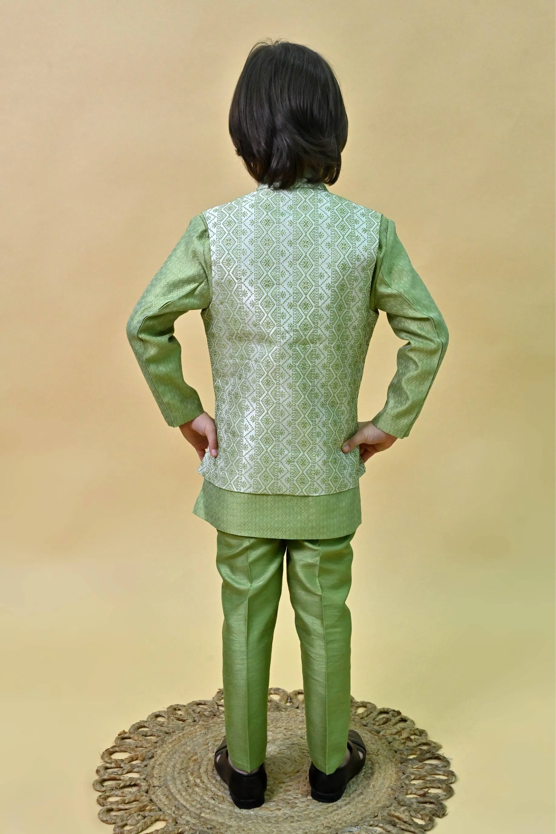 Ahhaaaa Ethnic Zari Work Indo-Western Printed Kurta, Waistcoat and Pajama 3-Piece Set for Boys