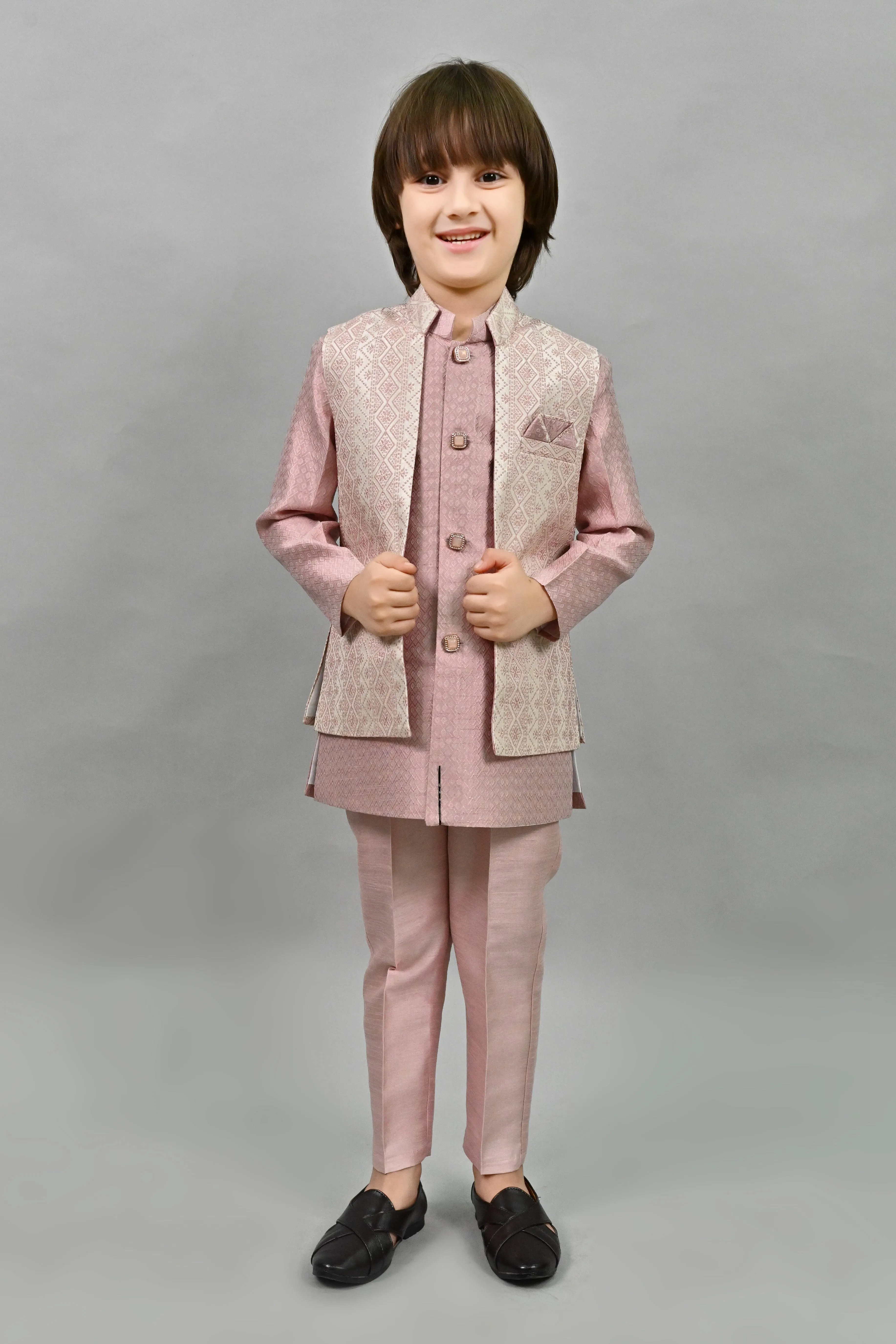 Ahhaaaa Ethnic Zari Work Indo-Western Printed Kurta, Waistcoat and Pajama 3-Piece Set for Boys