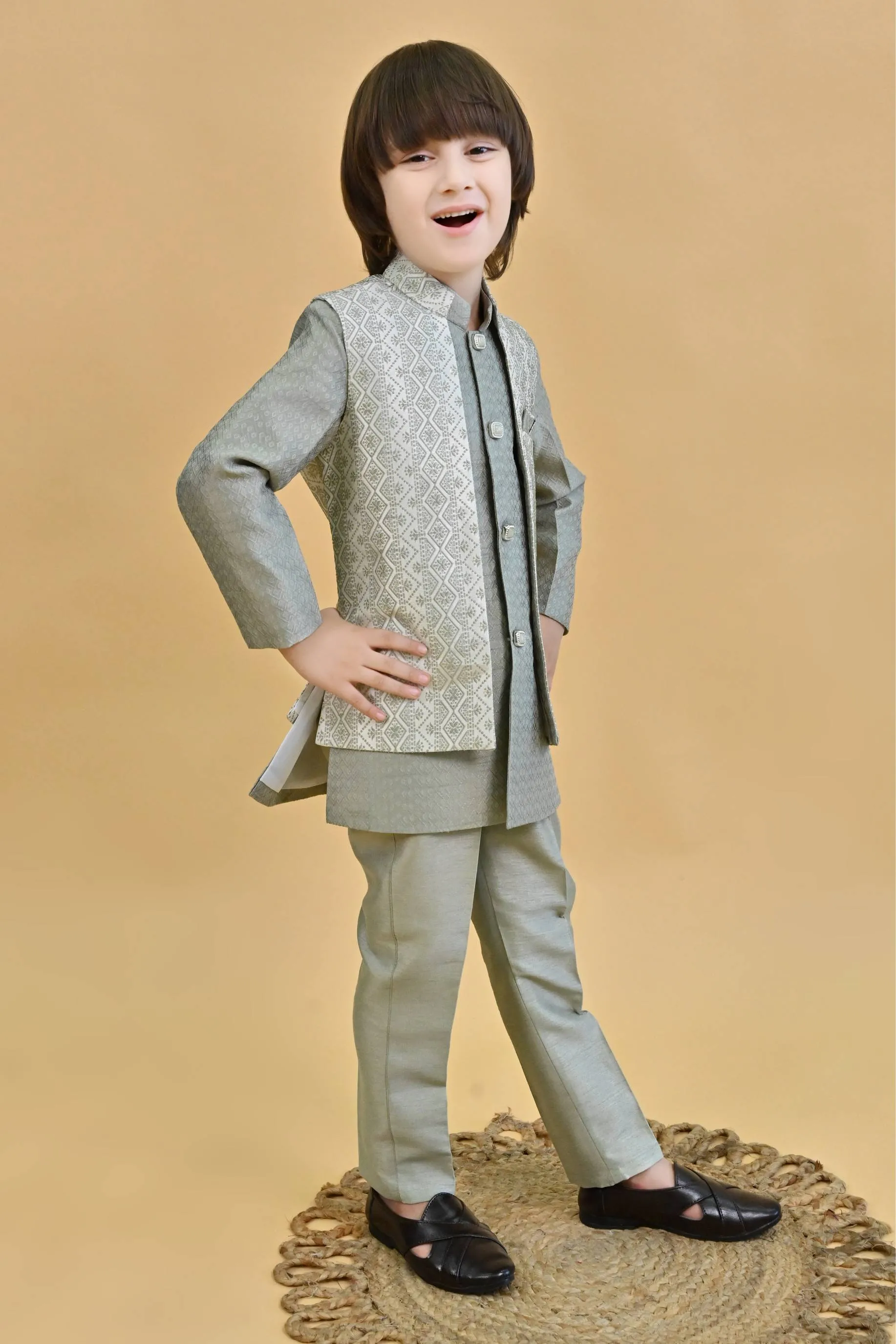 Ahhaaaa Ethnic Zari Work Indo-Western Printed Kurta, Waistcoat and Pajama 3-Piece Set for Boys