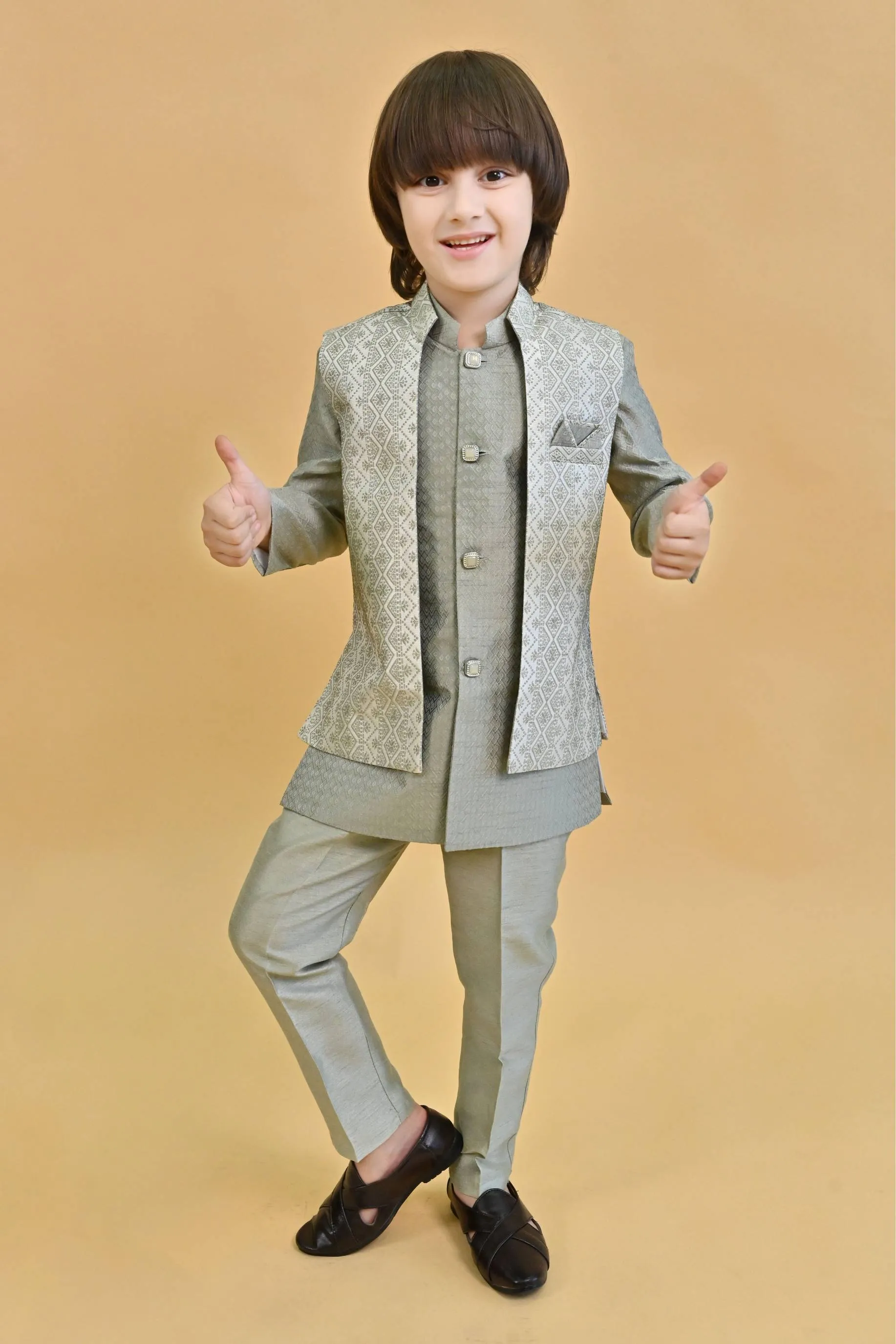 Ahhaaaa Ethnic Zari Work Indo-Western Printed Kurta, Waistcoat and Pajama 3-Piece Set for Boys