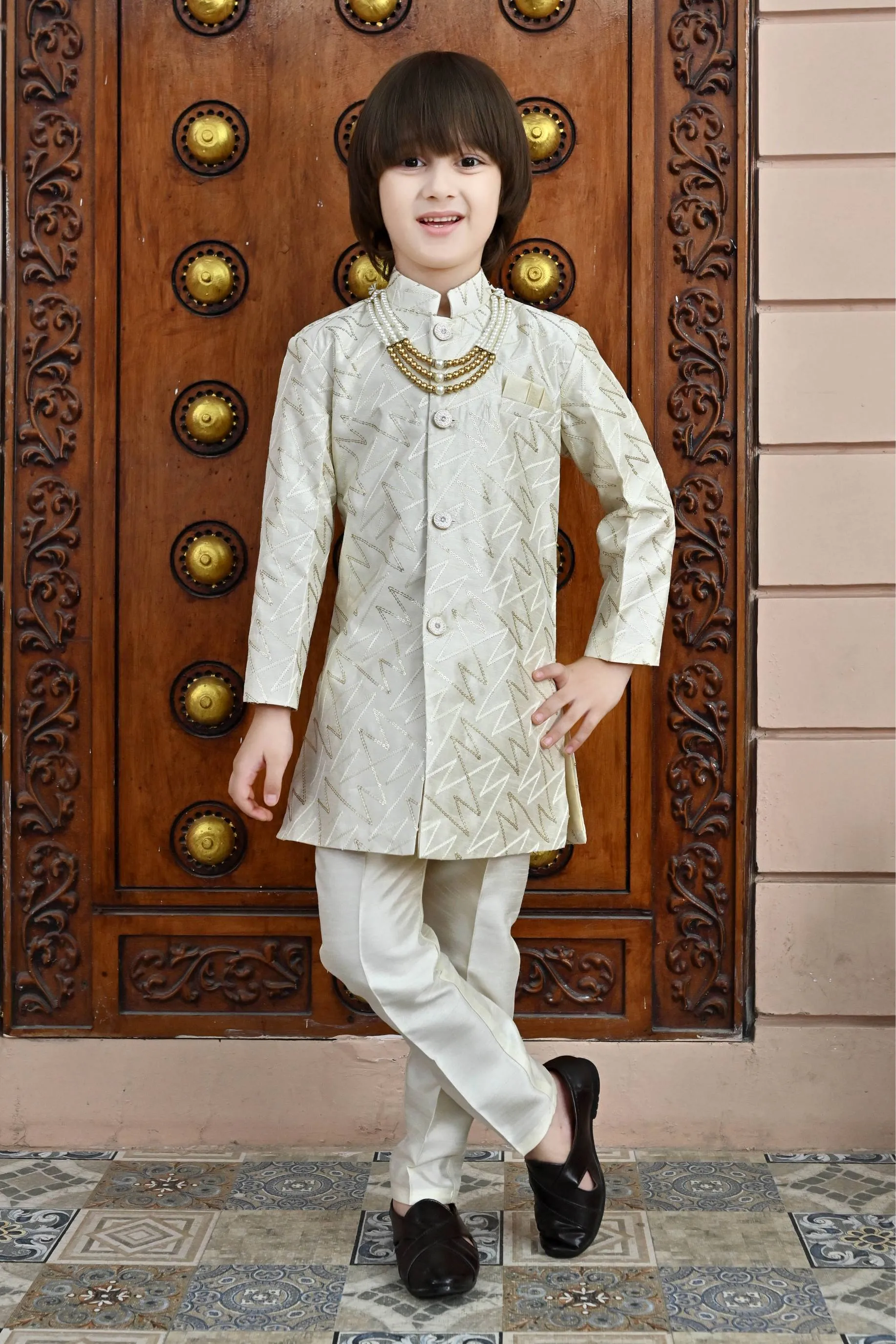 Ahhaaaa Kids Ethnic Jacquard Sequin Print Indo-Western Sherwani Set with Maala for Boys