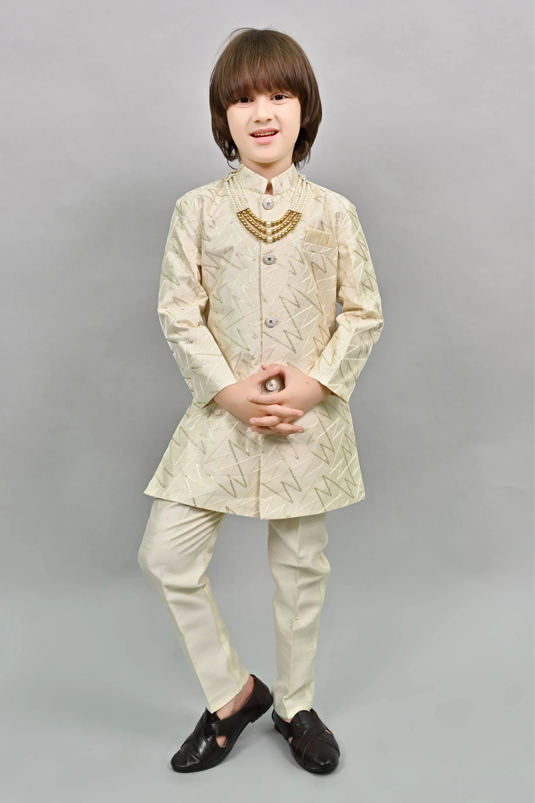 Ahhaaaa Kids Ethnic Jacquard Sequin Print Indo-Western Sherwani Set with Maala for Boys