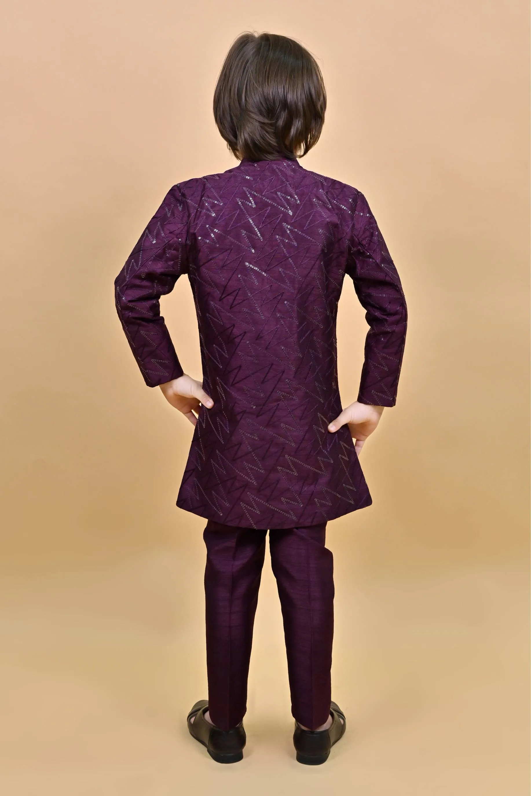 Ahhaaaa Kids Ethnic Jacquard Sequin Print Indo-Western Sherwani Set with Maala for Boys