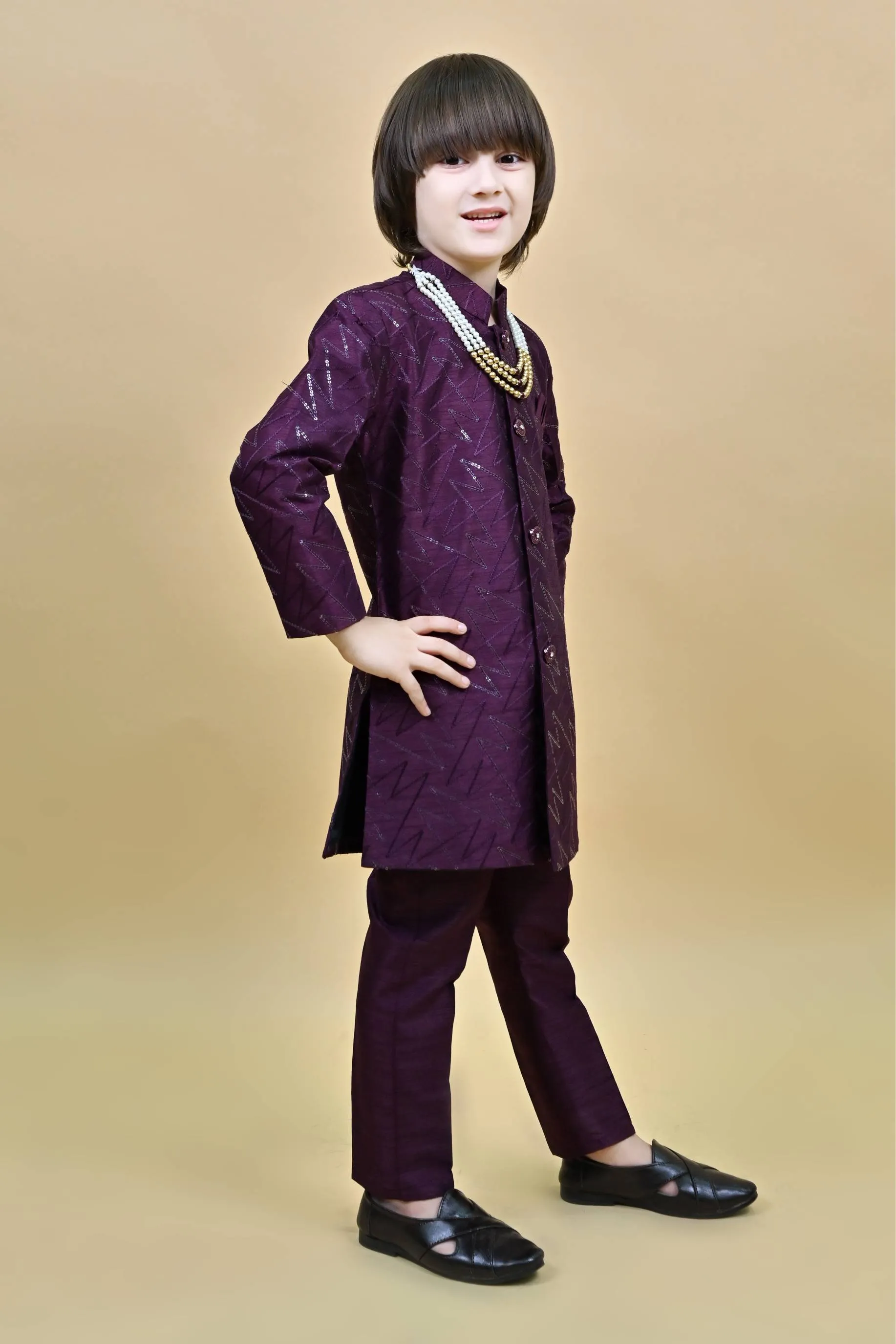 Ahhaaaa Kids Ethnic Jacquard Sequin Print Indo-Western Sherwani Set with Maala for Boys