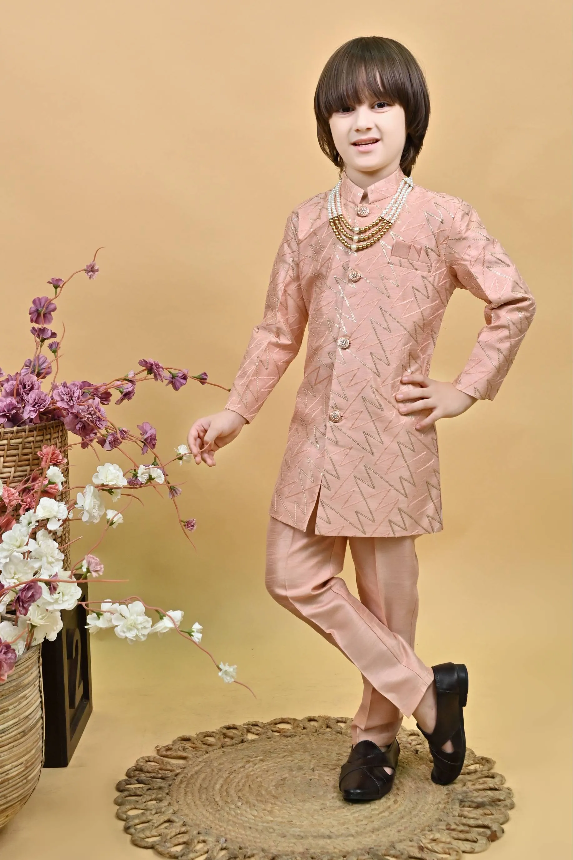 Ahhaaaa Kids Ethnic Jacquard Sequin Print Indo-Western Sherwani Set with Maala for Boys