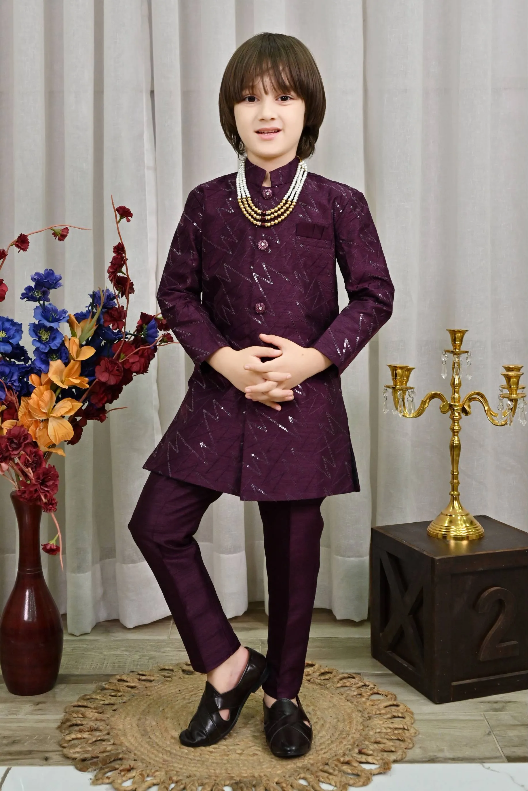 Ahhaaaa Kids Ethnic Jacquard Sequin Print Indo-Western Sherwani Set with Maala for Boys