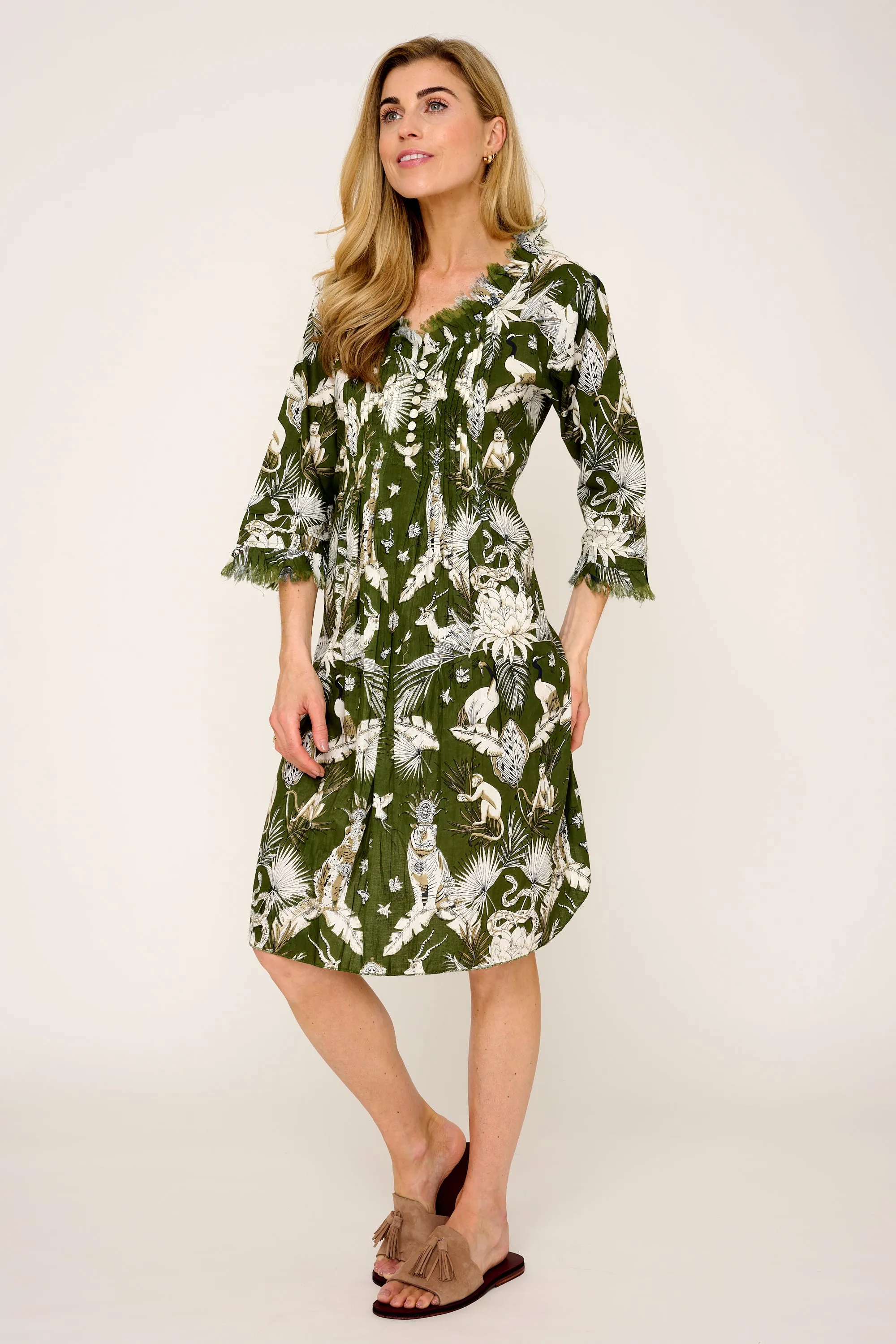 Annabel Cotton Tunic in Olive Green Tropical