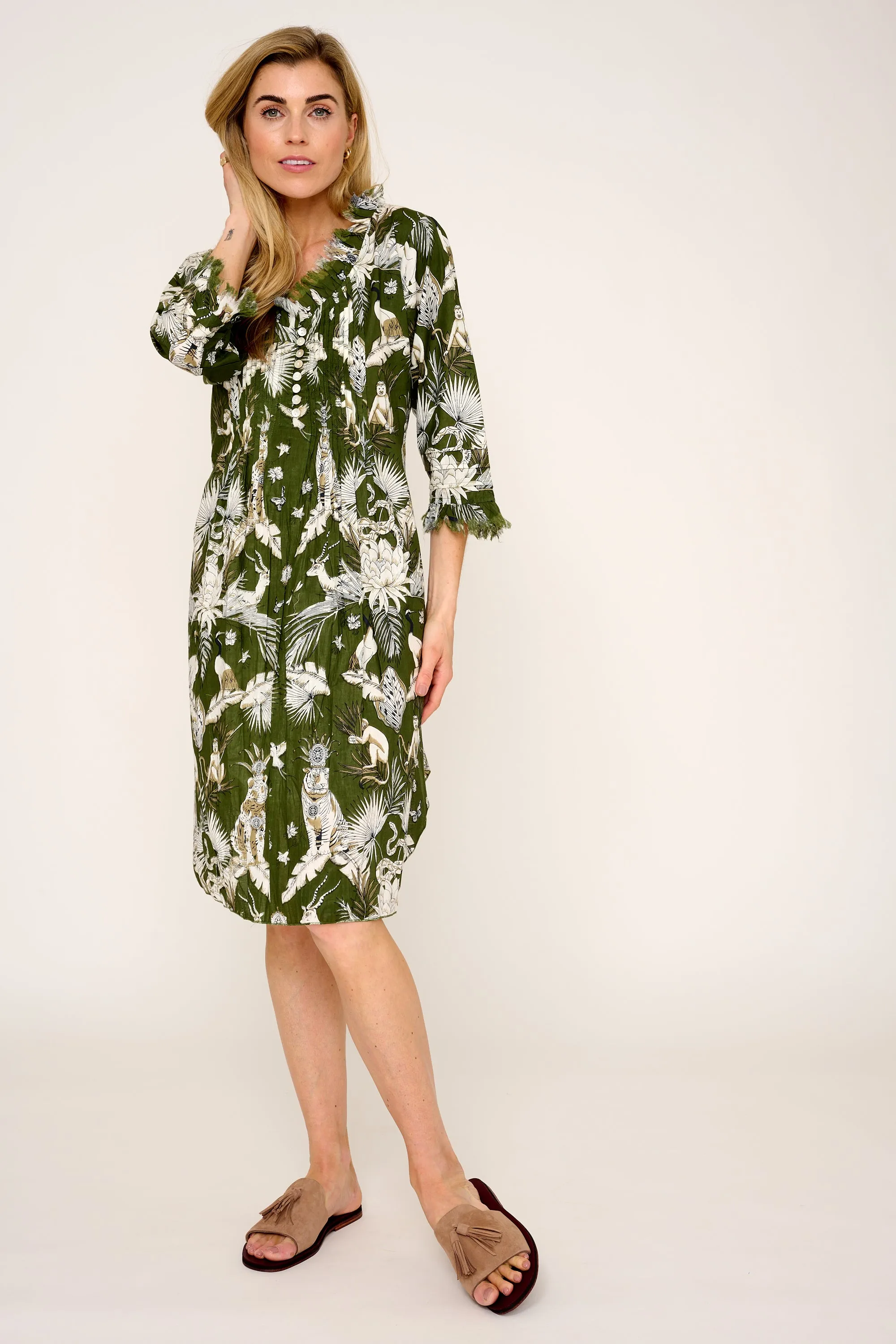 Annabel Cotton Tunic in Olive Green Tropical