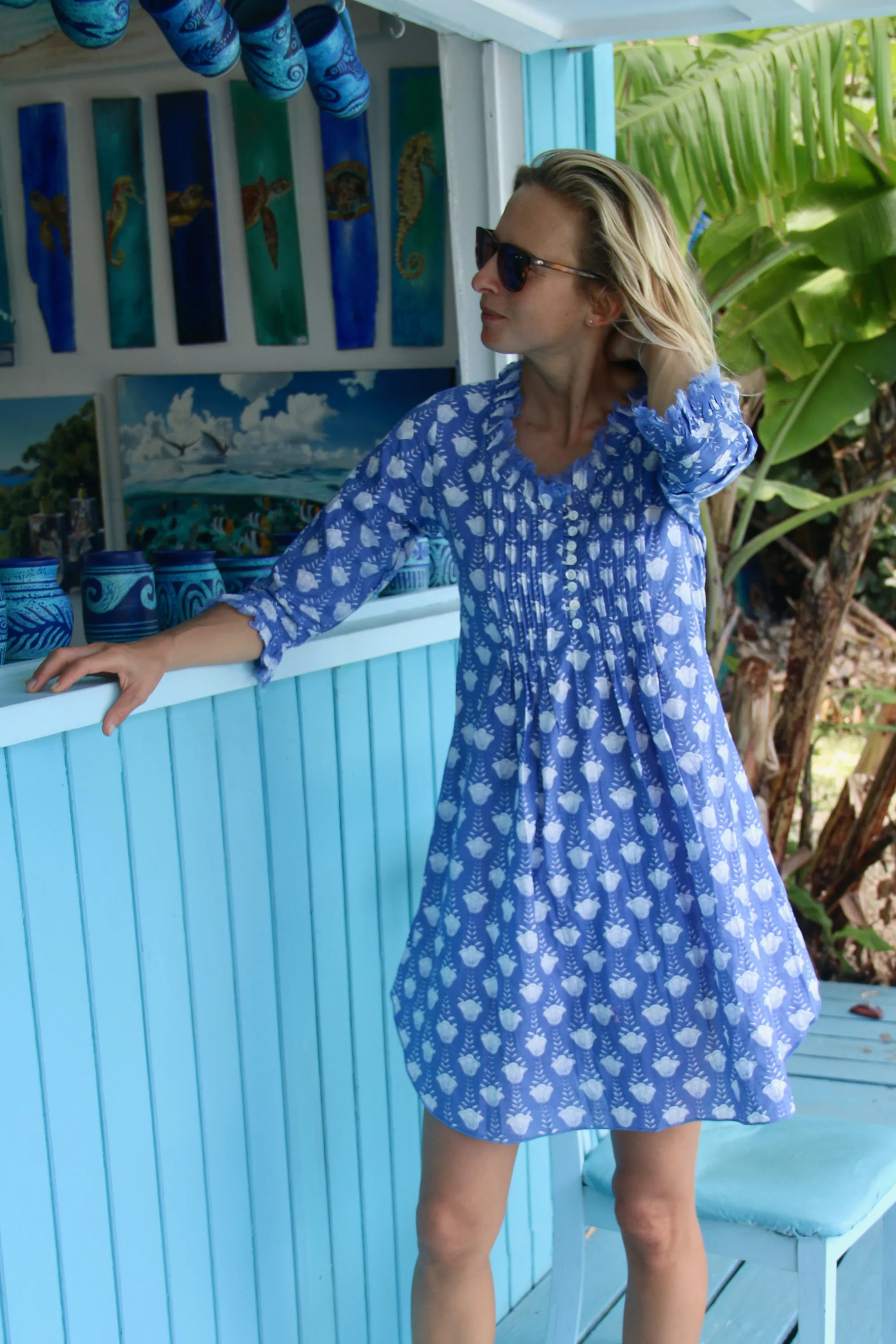 Annabel Cotton Tunic in Wedgewood Blue Flower