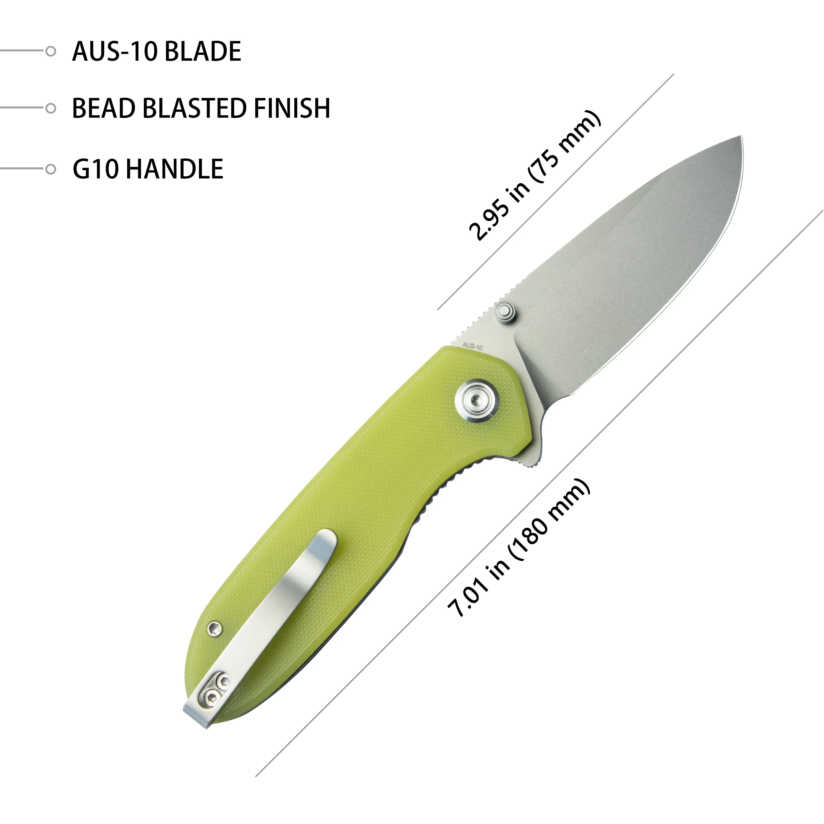 Belus Thumb Stud Everyday Carry Pocket Knife Translucent Yellow G10 Handle 2.95 Bead Blasted AUS-10 Blade KU342D