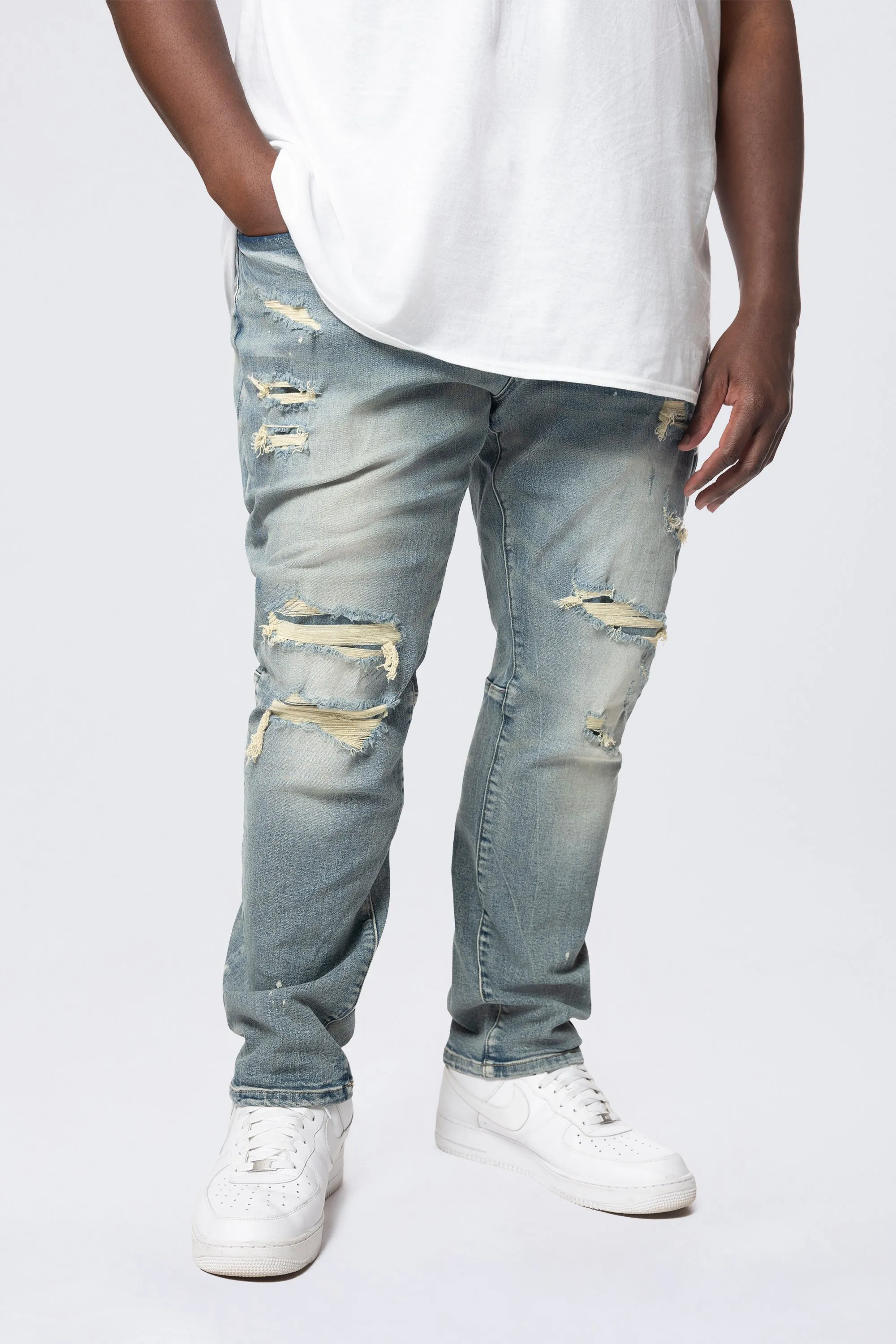 Big and Tall - Rip & Repaired Colored Jeans - Chester Blue