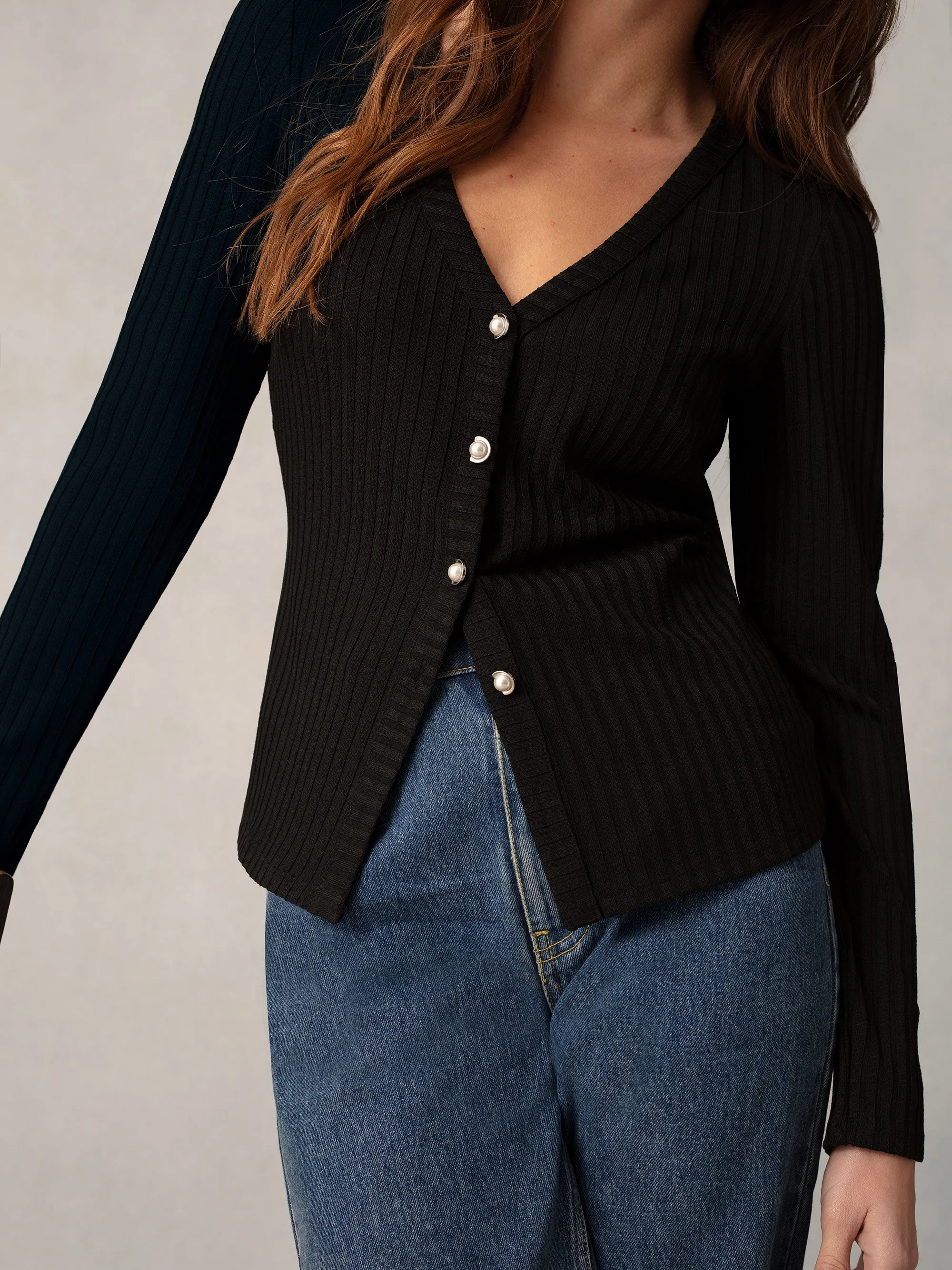 Black Button Front Ribbed Jersey Top