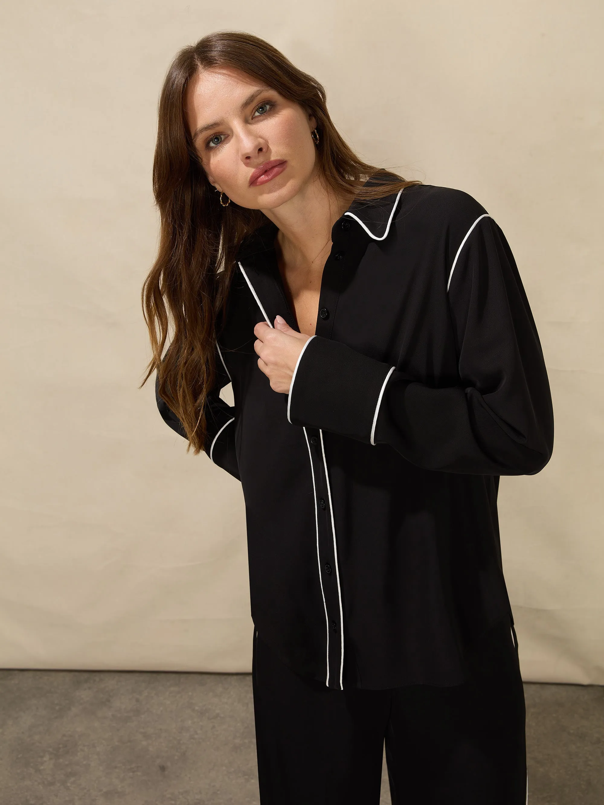 Black Crepe Contrast Piping Shirt