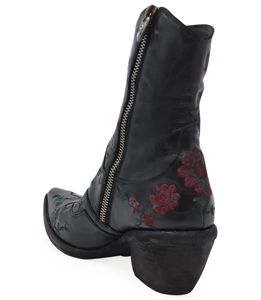 Black Leather Embroidered Ankle Boot