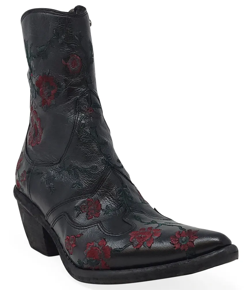 Black Leather Embroidered Ankle Boot