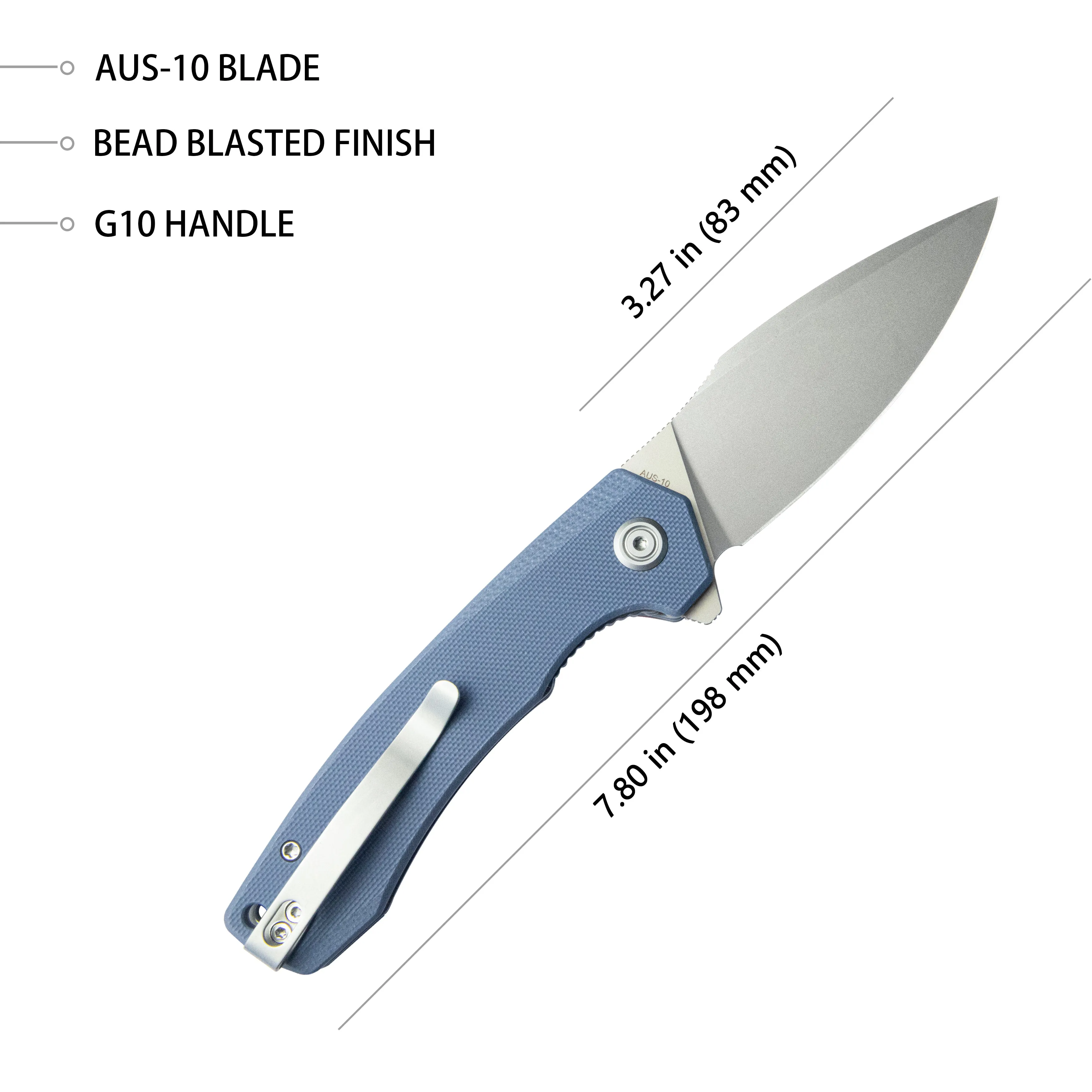 Calyce Liner Lock Flipper Folding Knife Blue G10 Handle 3.27 Bead Blasted AUS-10 KU901M