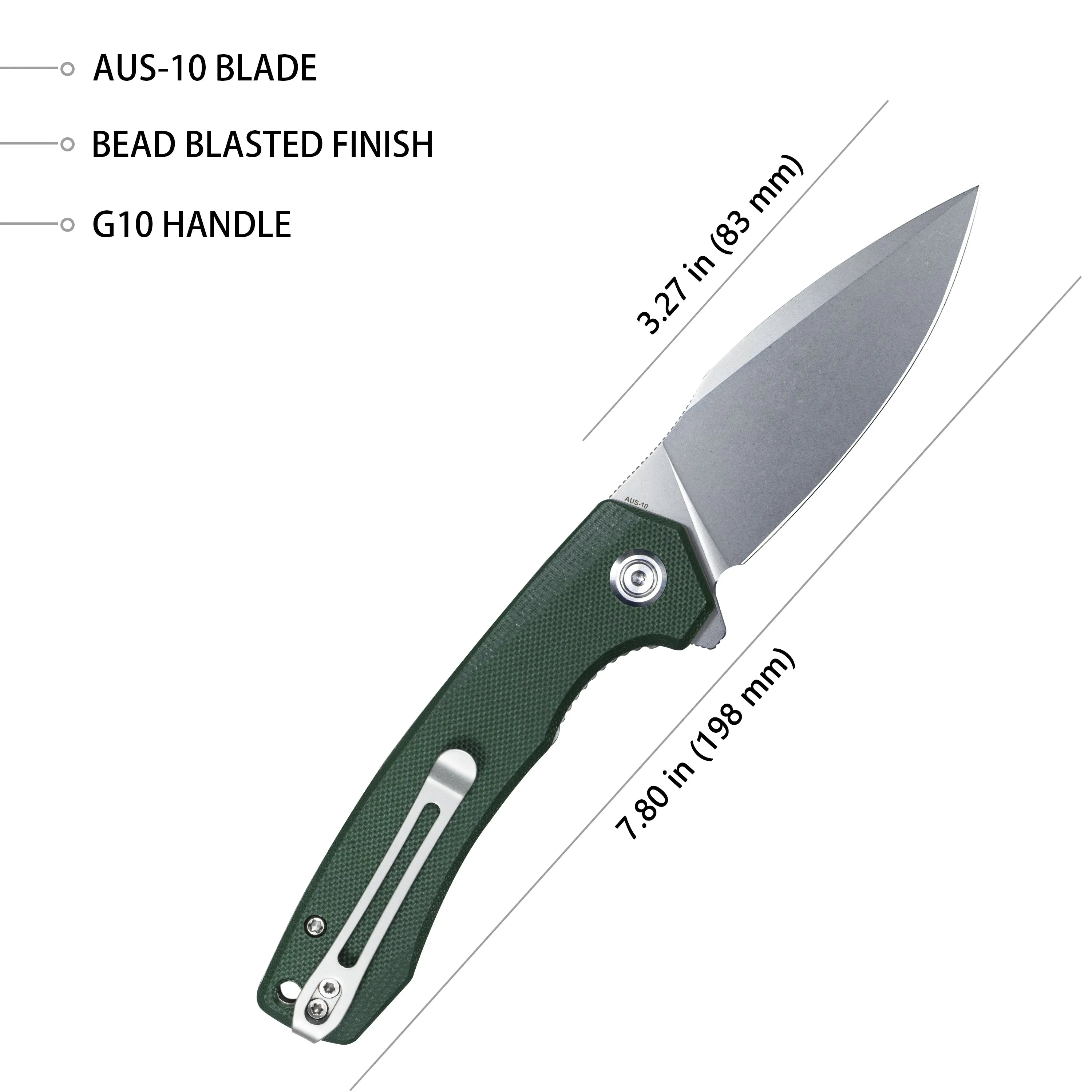 Calyce Liner Lock Flipper Folding Knife Green G10 Handle 3.27 Bead Blasted AUS-10 KU901N