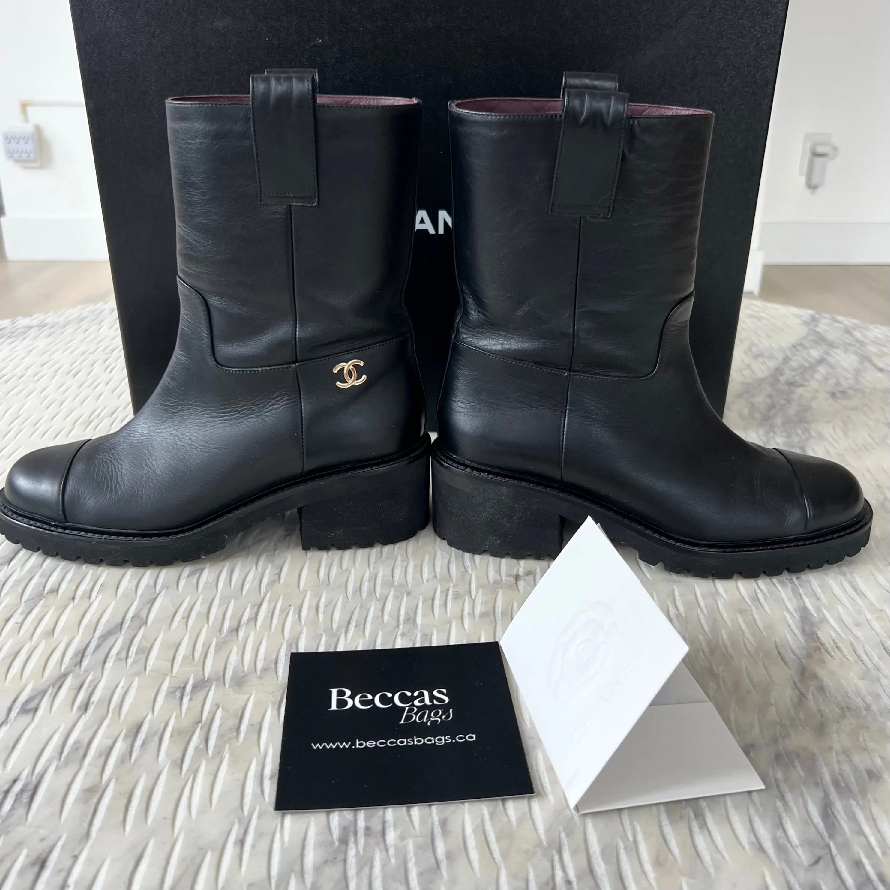 Chanel Black Calfskin CC 38 Boots