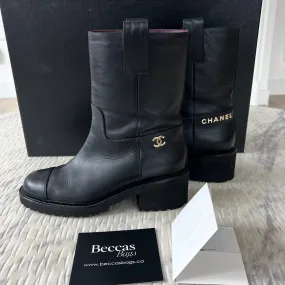 Chanel Black Calfskin CC 38 Boots