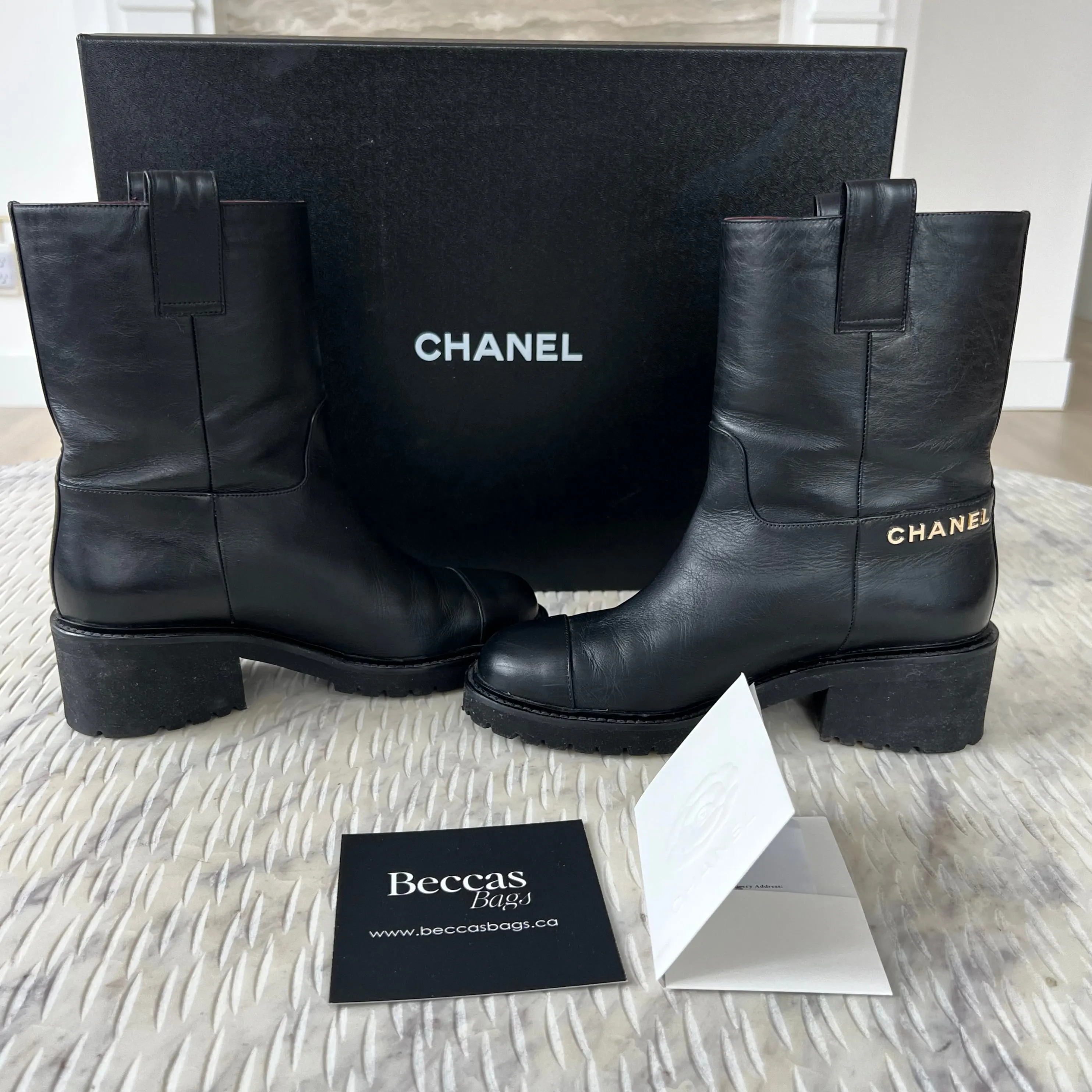 Chanel Black Calfskin CC 38 Boots