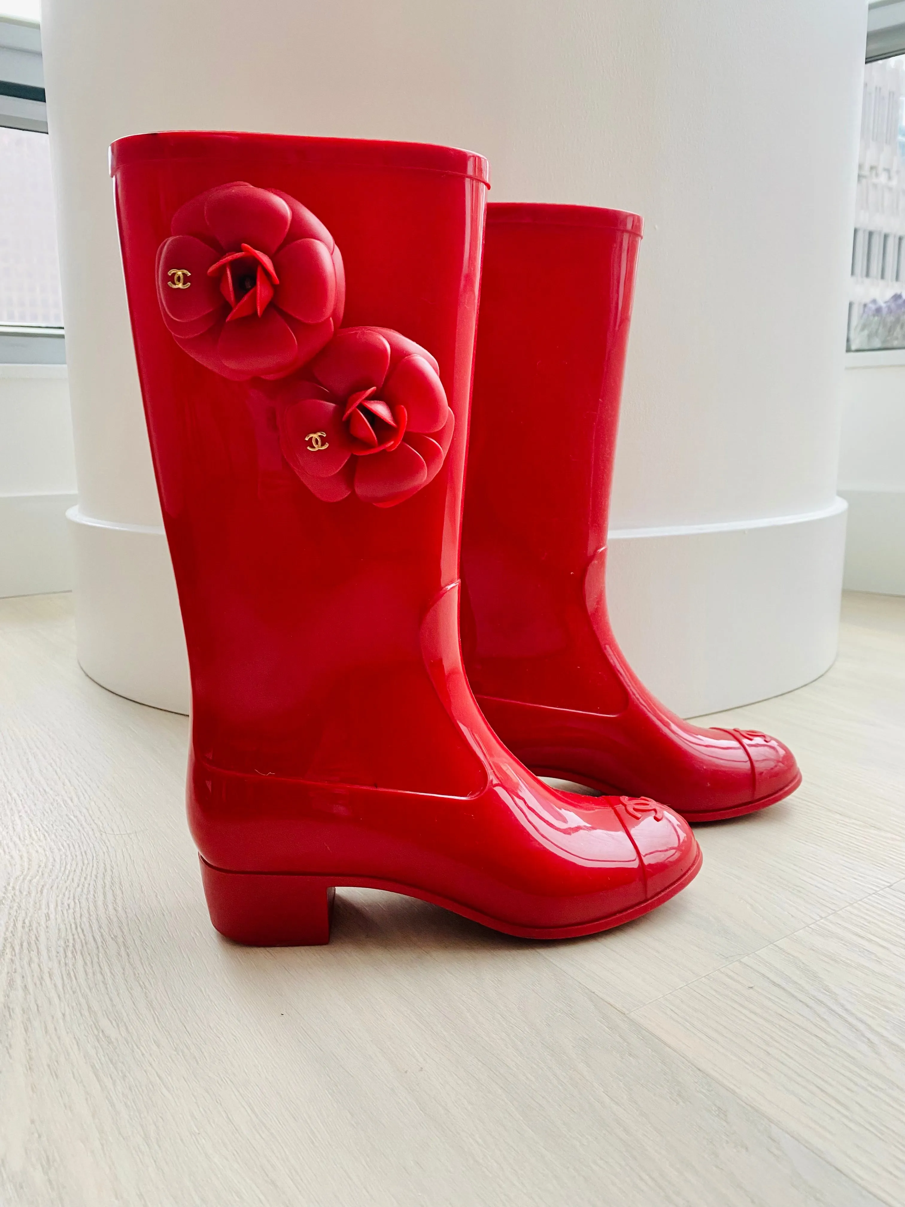 Chanel camellia flower rain boots