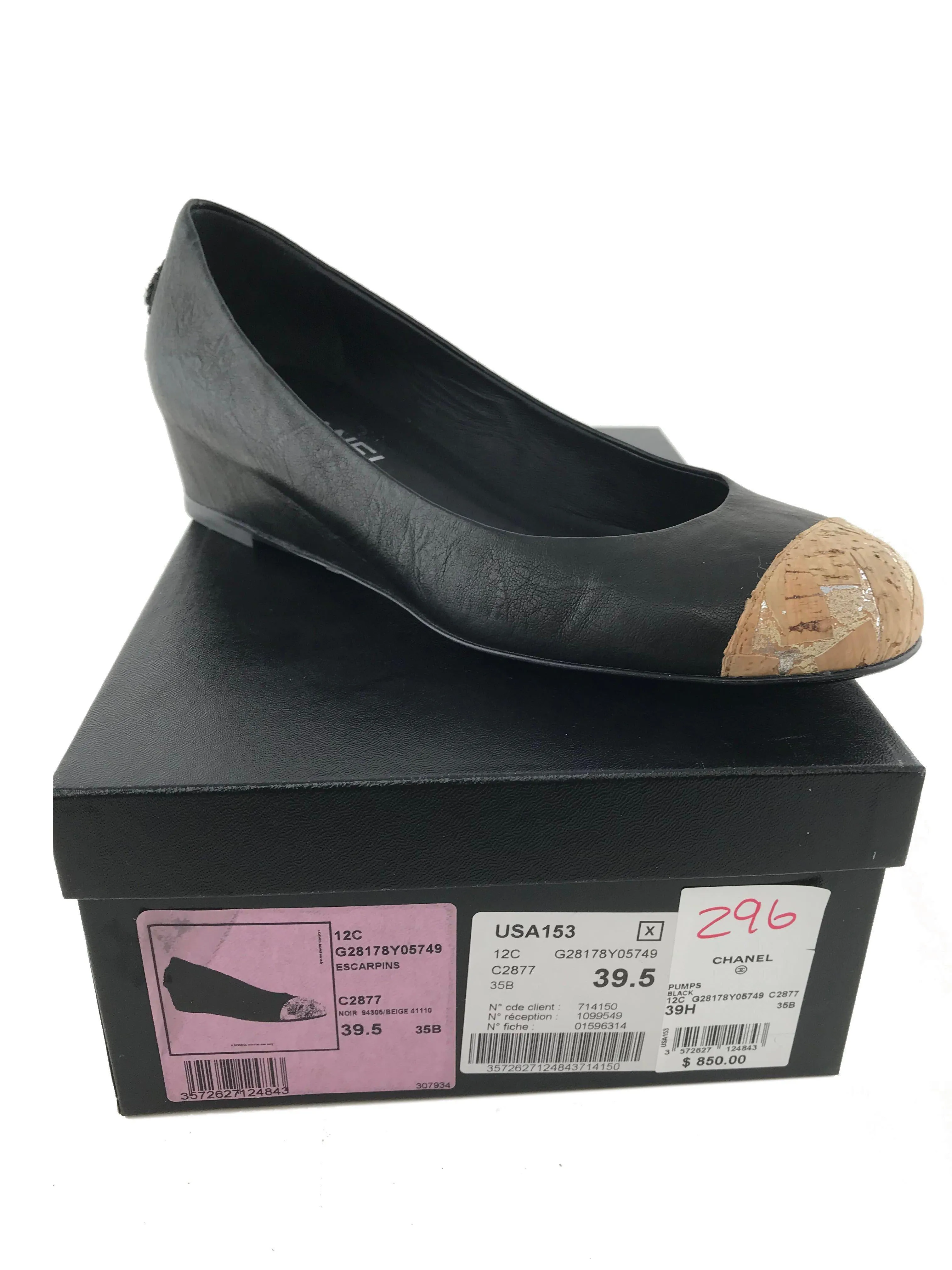 Chanel Leather Cork Cap Toe CC Wedges Size 9.5