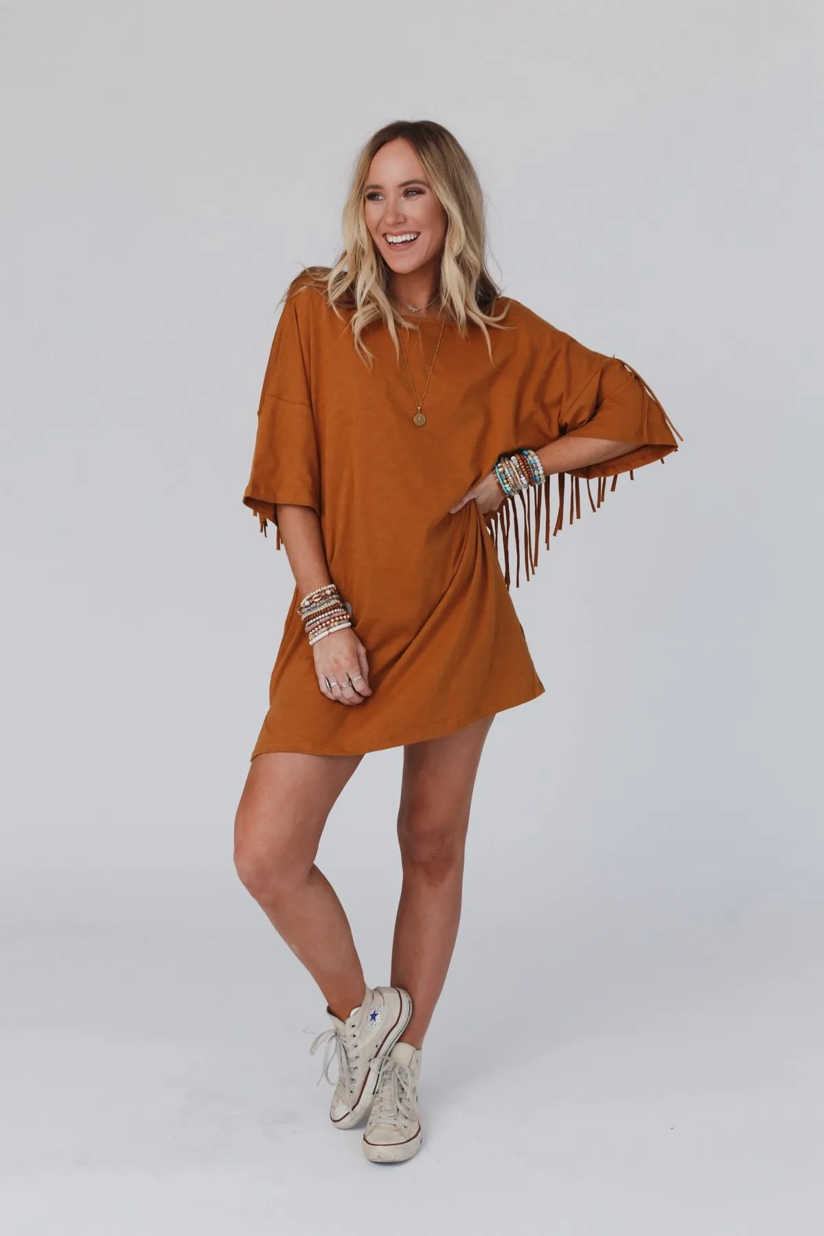 Comfy Fringe Tee Dress - Camel