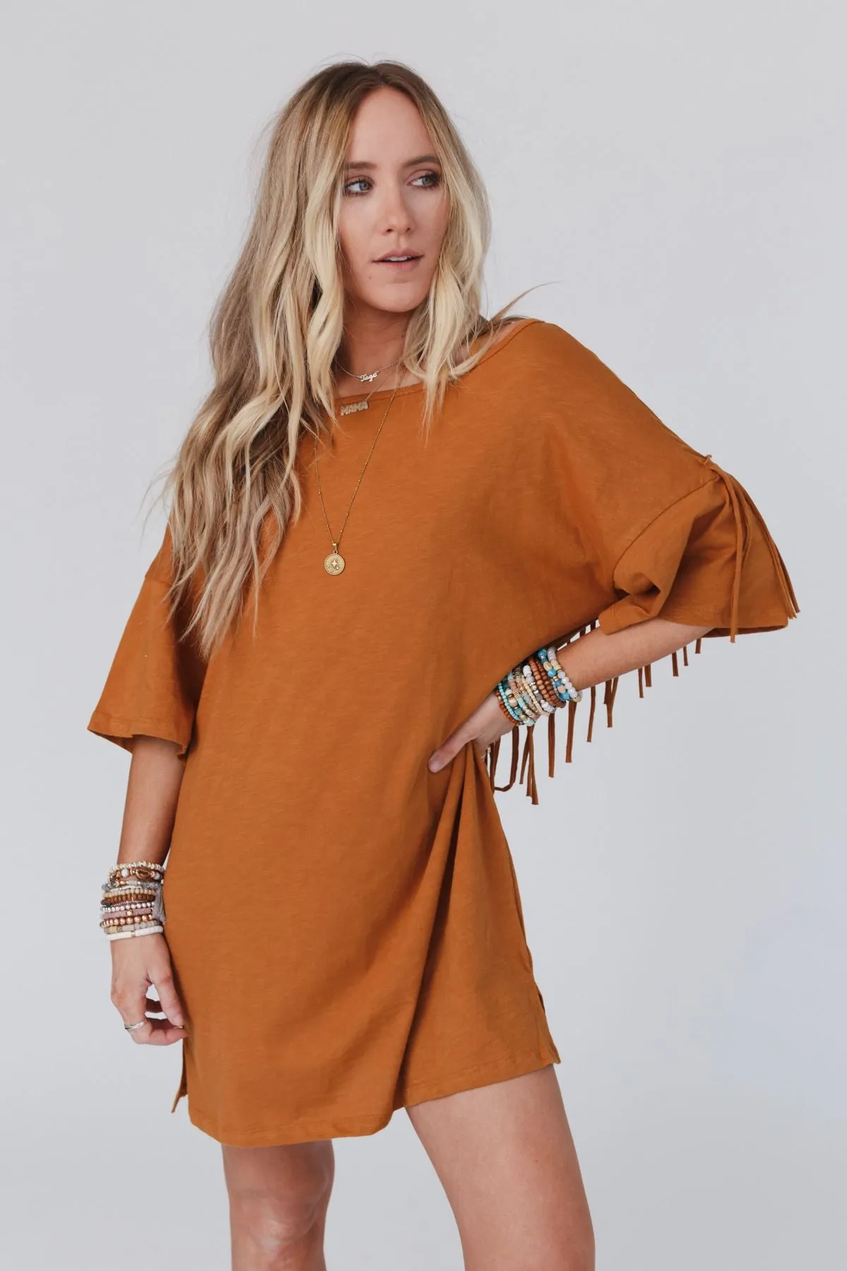 Comfy Fringe Tee Dress - Camel