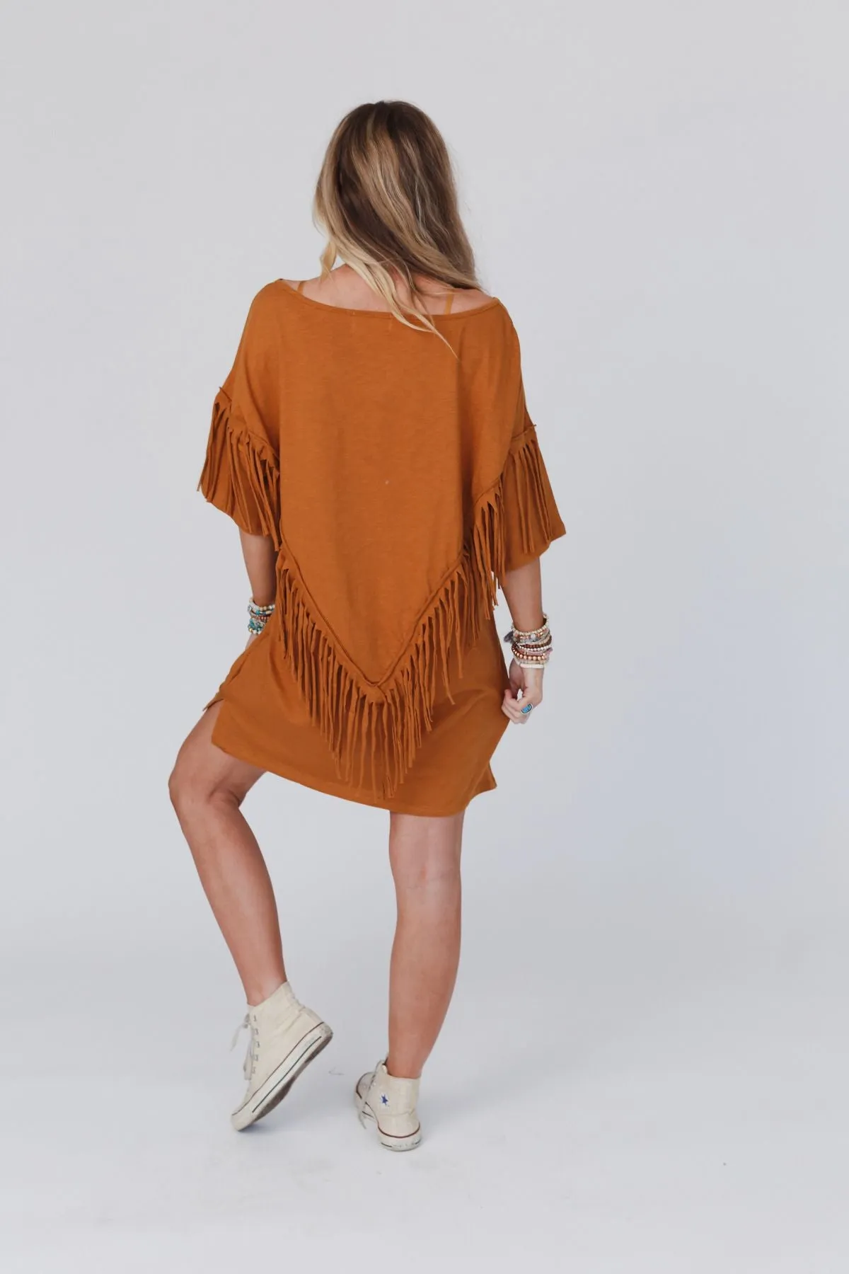 Comfy Fringe Tee Dress - Camel