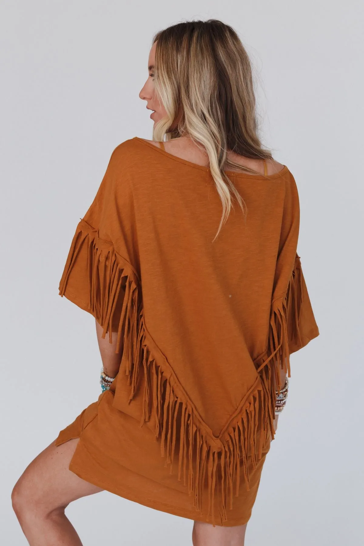 Comfy Fringe Tee Dress - Camel