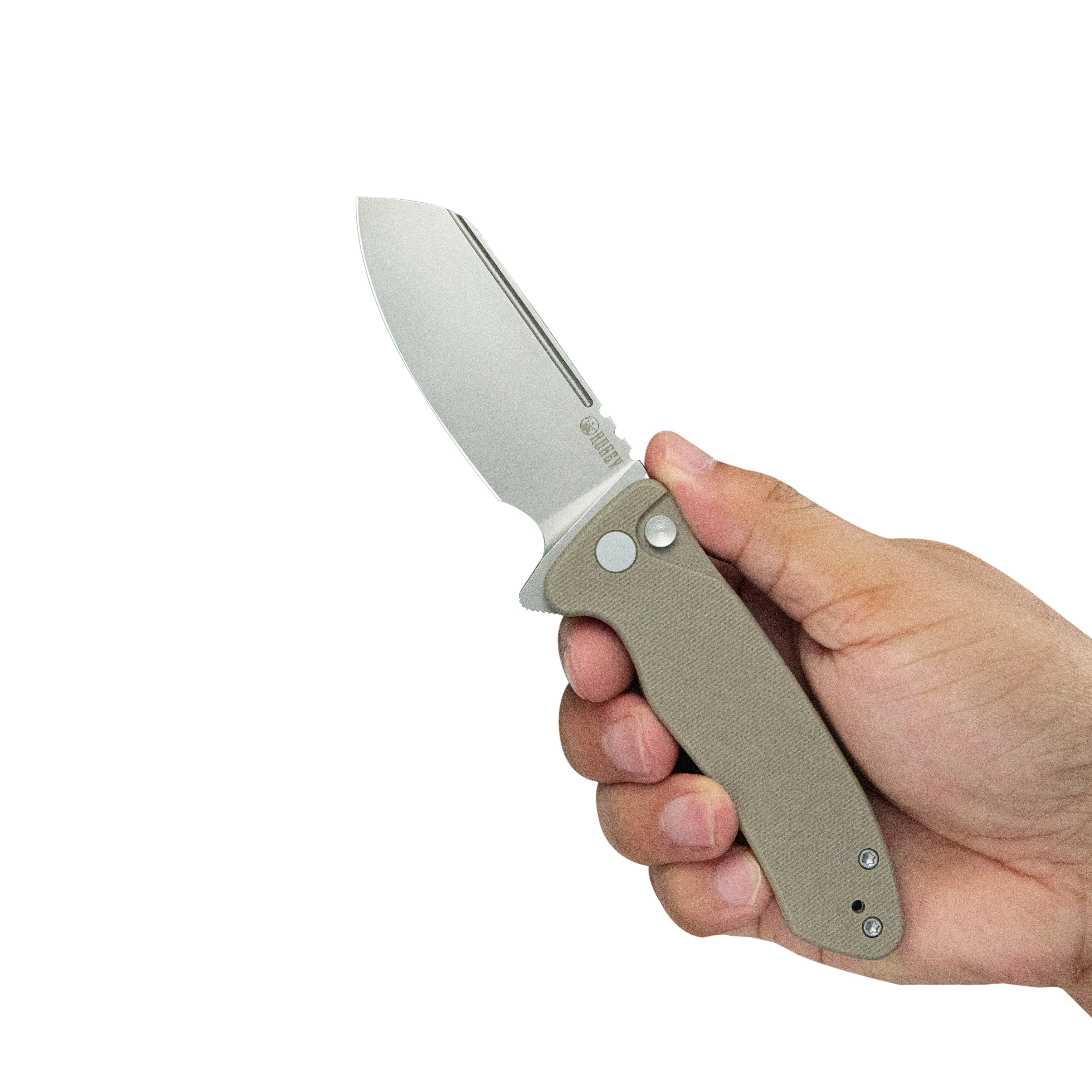 Creon Small Pocket Knife with Button Lock Tan G10 Handle 2.87 Beadblasted AUS-10 KU336K