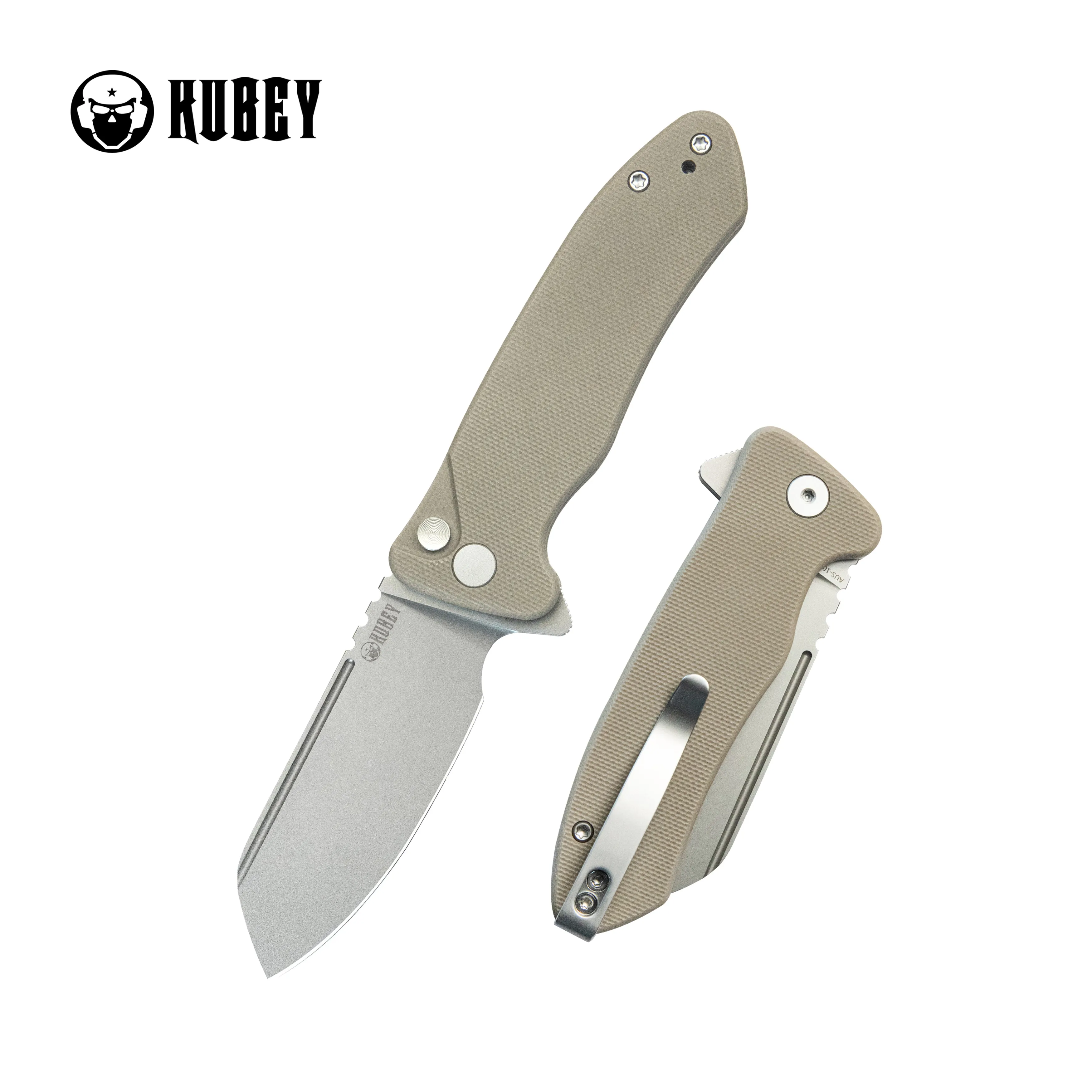 Creon Small Pocket Knife with Button Lock Tan G10 Handle 2.87 Beadblasted AUS-10 KU336K