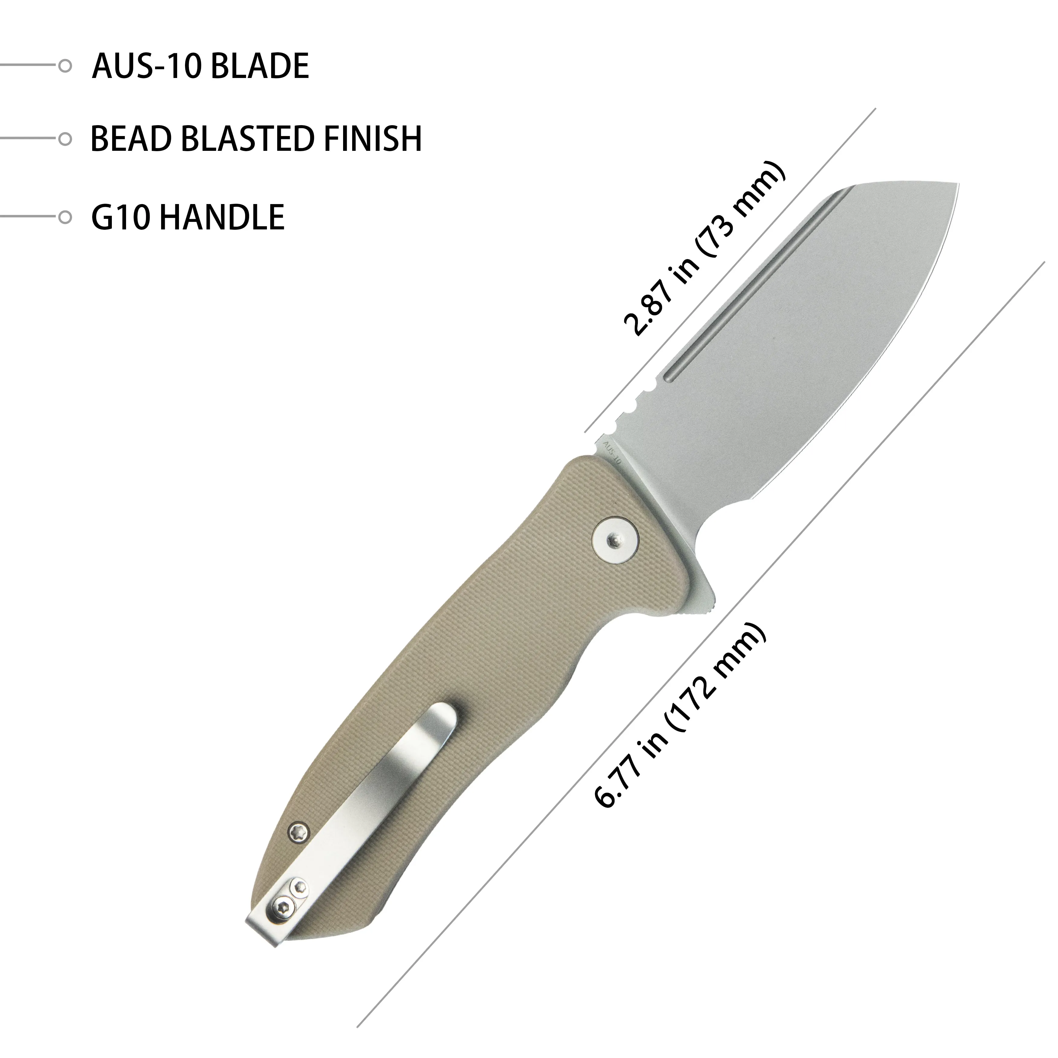 Creon Small Pocket Knife with Button Lock Tan G10 Handle 2.87 Beadblasted AUS-10 KU336K