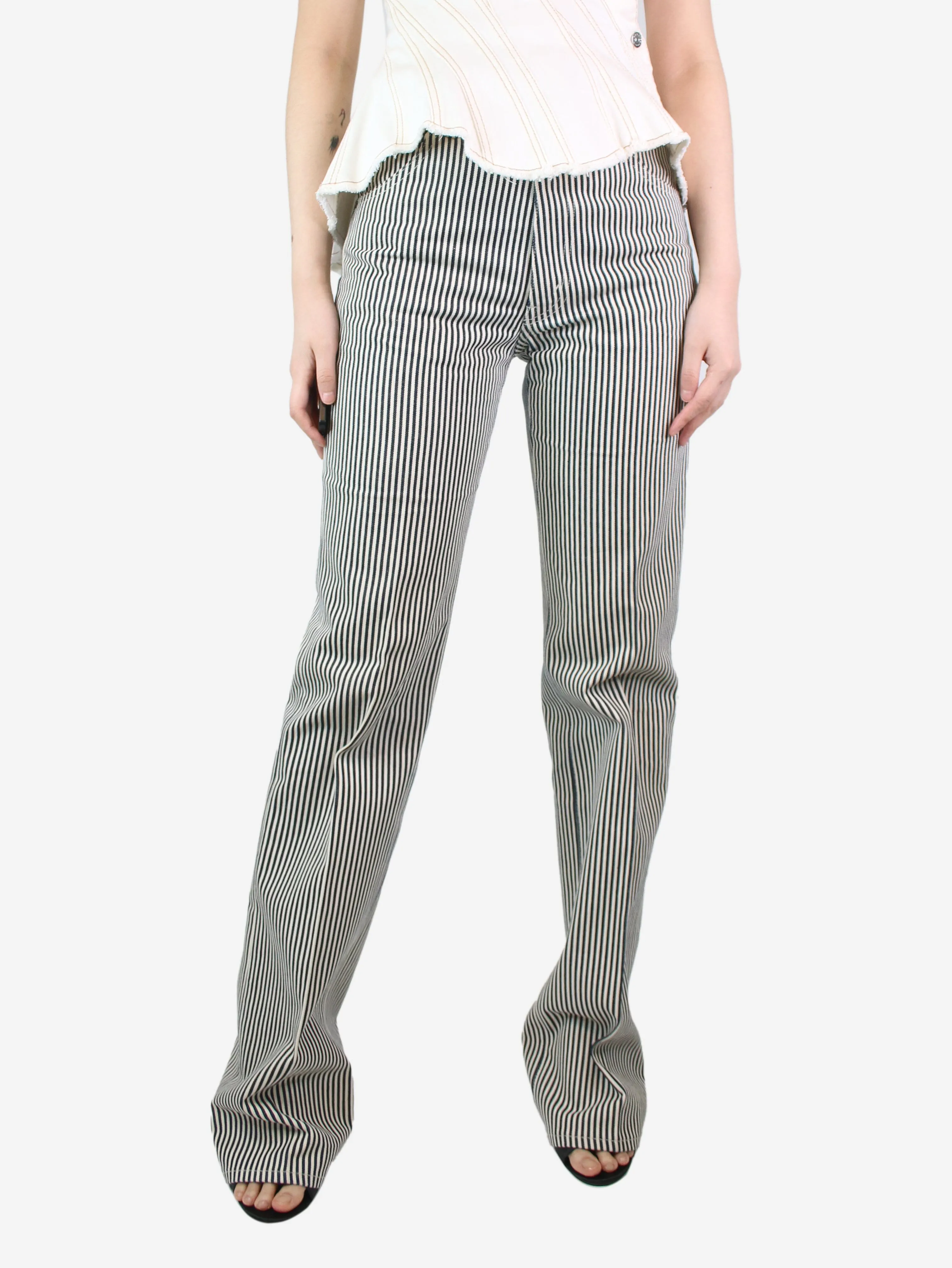 Dark blue and cream striped trousers - size UK 10