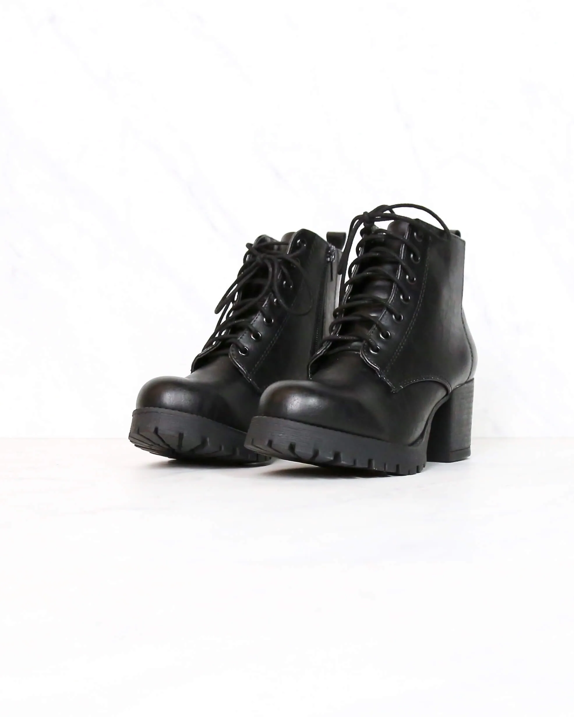 Faux Leather Lace Up Chunky Heel Combat Boots in Black