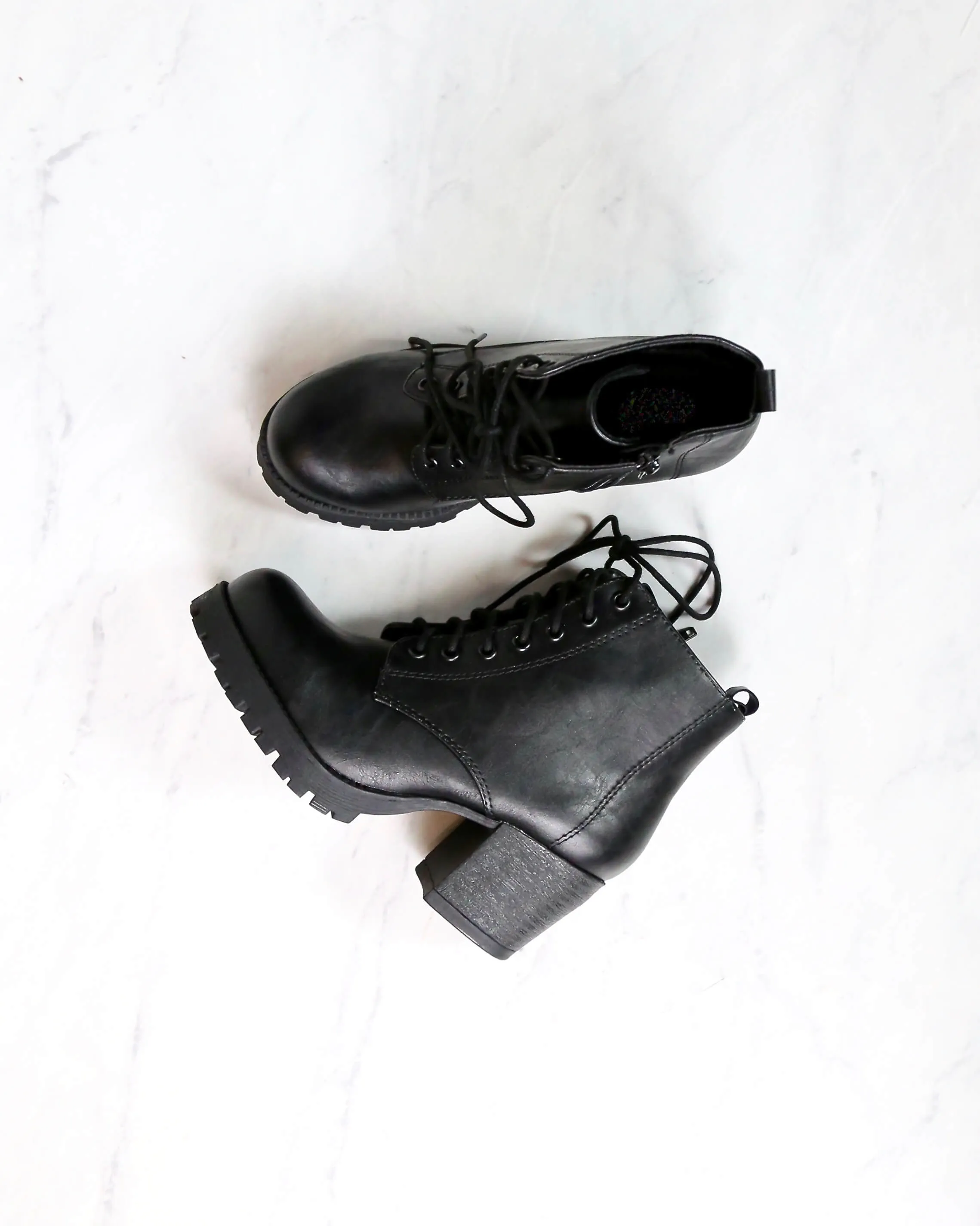 Faux Leather Lace Up Chunky Heel Combat Boots in Black