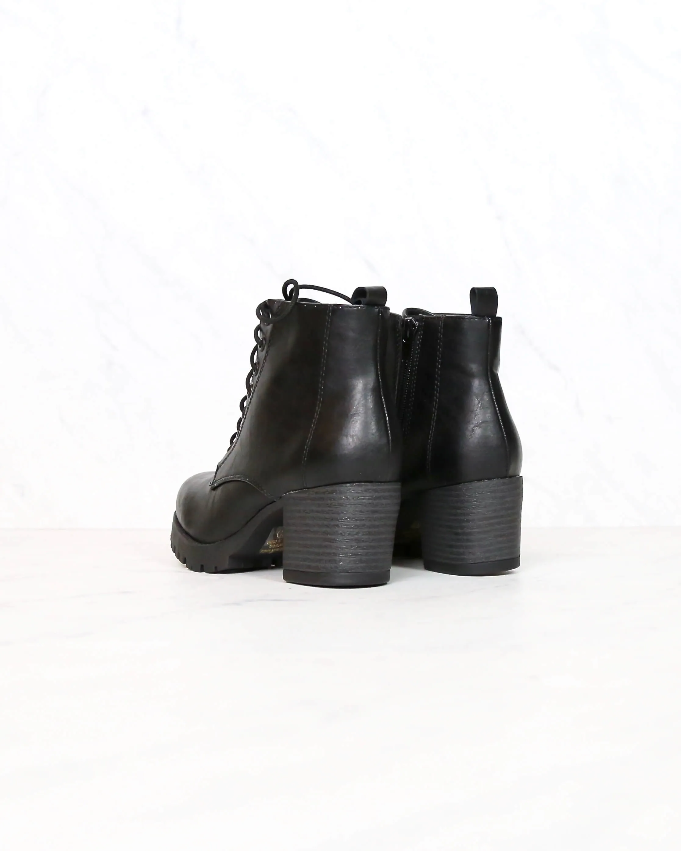 Faux Leather Lace Up Chunky Heel Combat Boots in Black