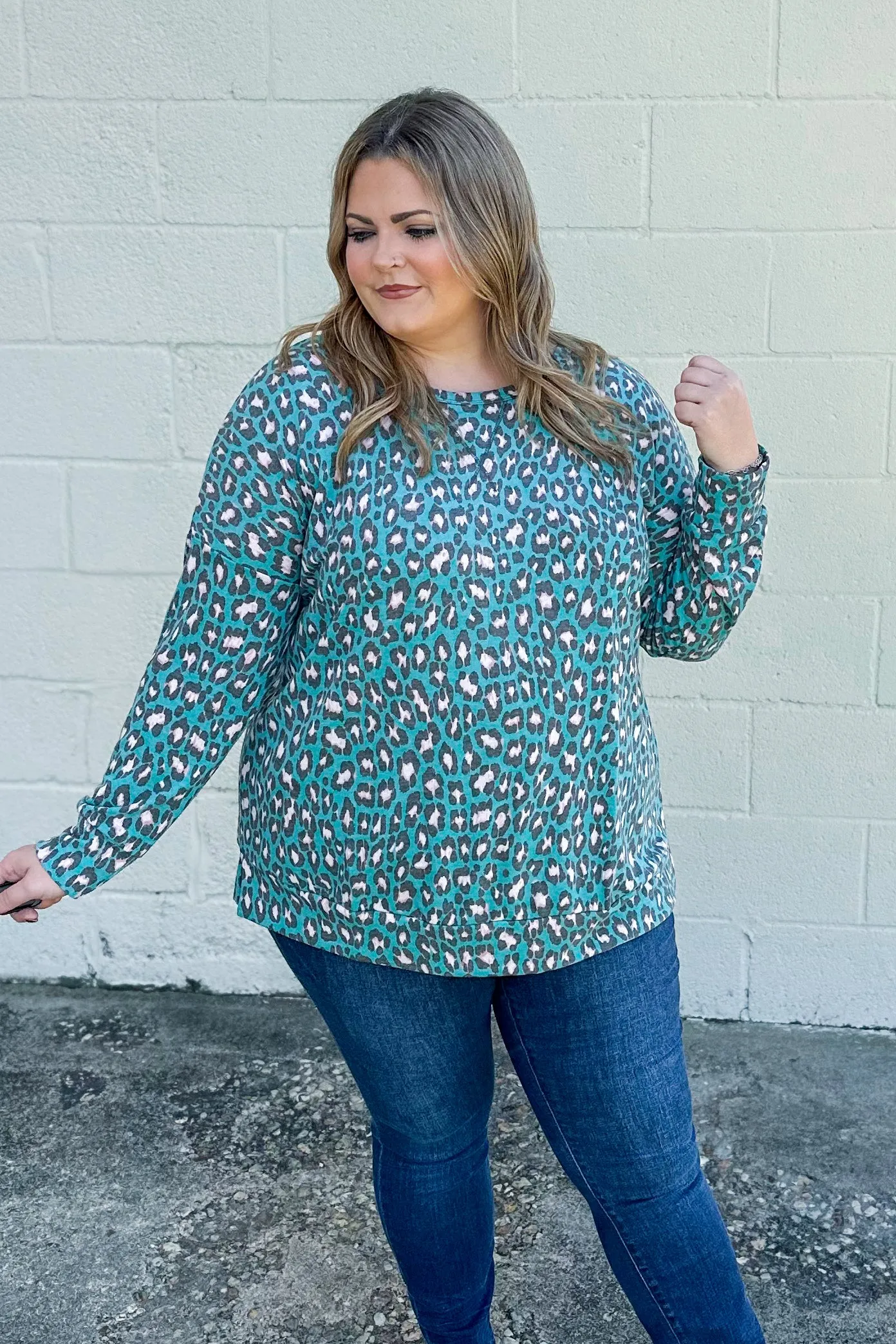 Find New Ways Leopard Pullover Top, Teal/Pink