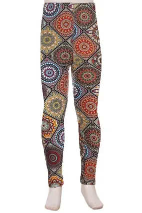 Girls Fall Mosaic Leggings, Kids Yoga Pants, Size S, No-Roll Waist, Brown/Multi