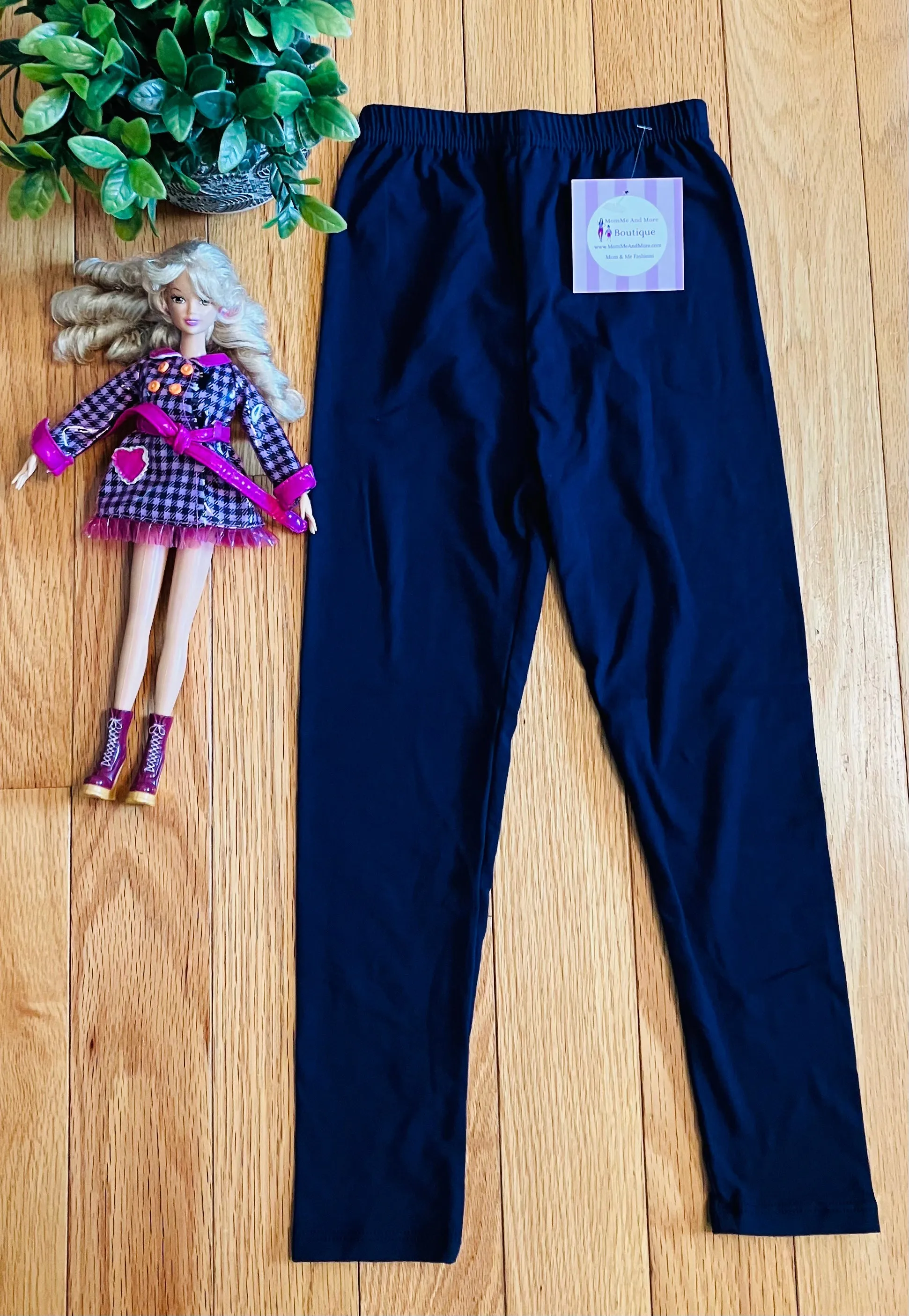 Girls Navy Blue Leggings, Kids Yoga Pants, Sizes S/L, No-Roll Waist, Solid Blue