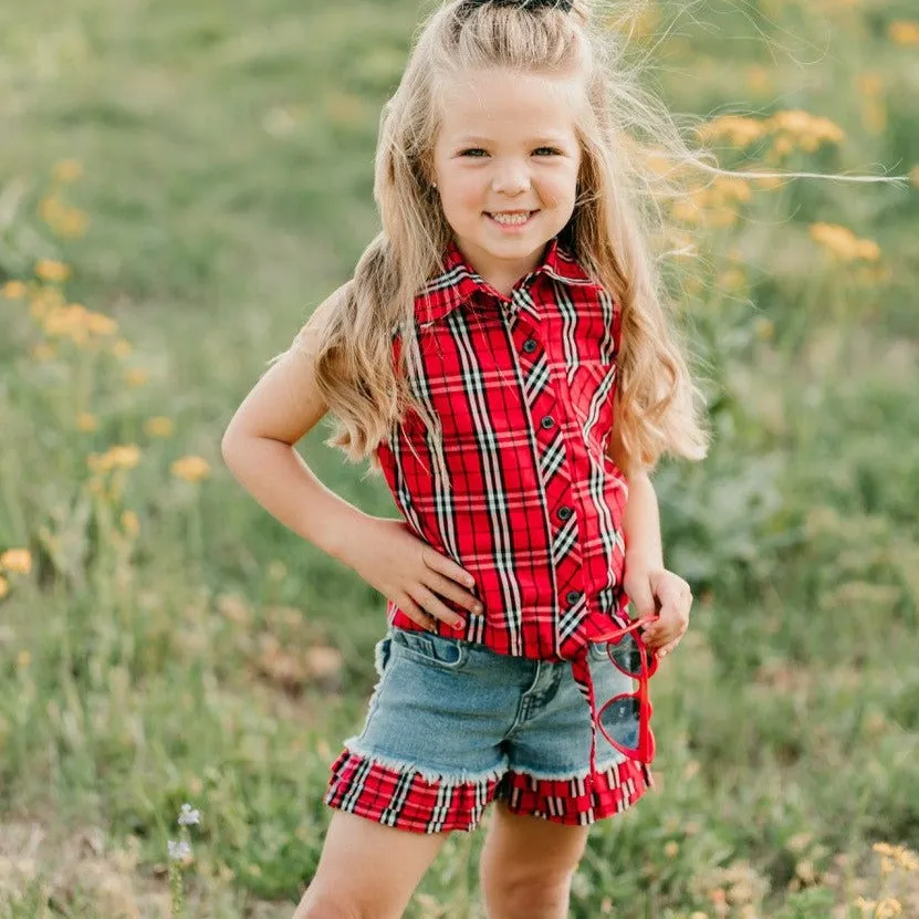 Girl's Shea Baby Denim Shorts with Plaid Riffle Bottoms