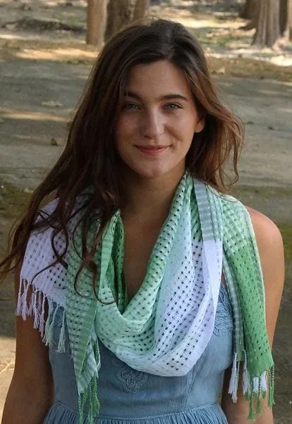 Handwoven Scarf Gossamer White&Mint&Seagreen