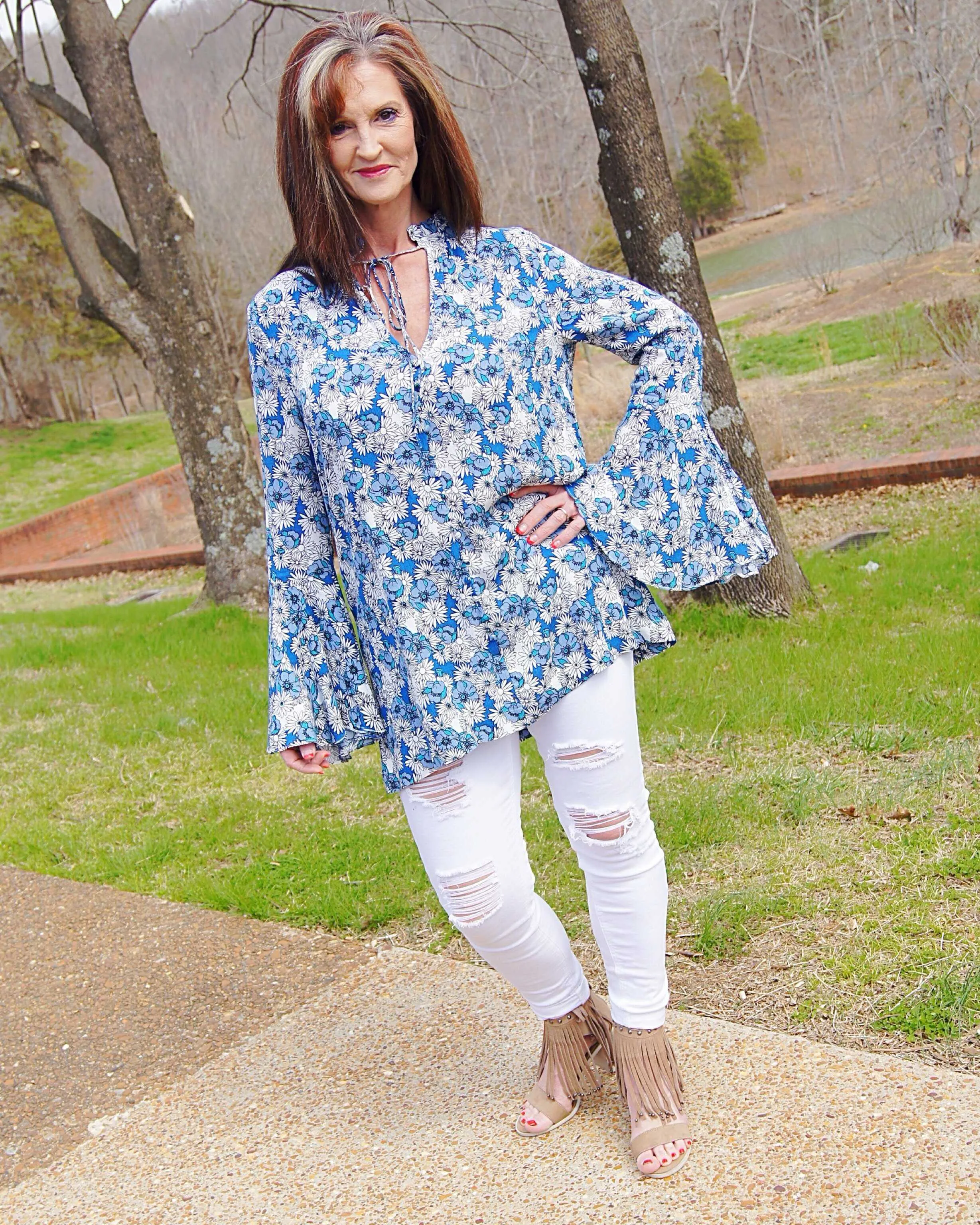 Jessica Indigo And White Floral Peasant Top