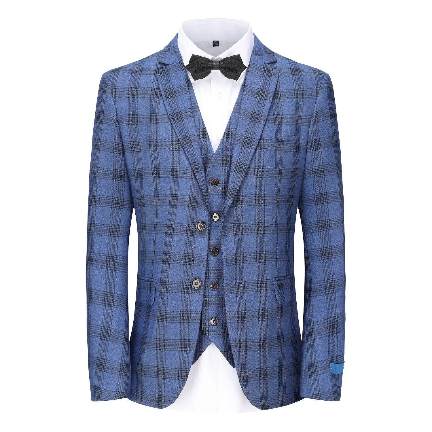 Men's 3-Piece Performance Stretch Slim Fit Blue & Black Plaid Suit