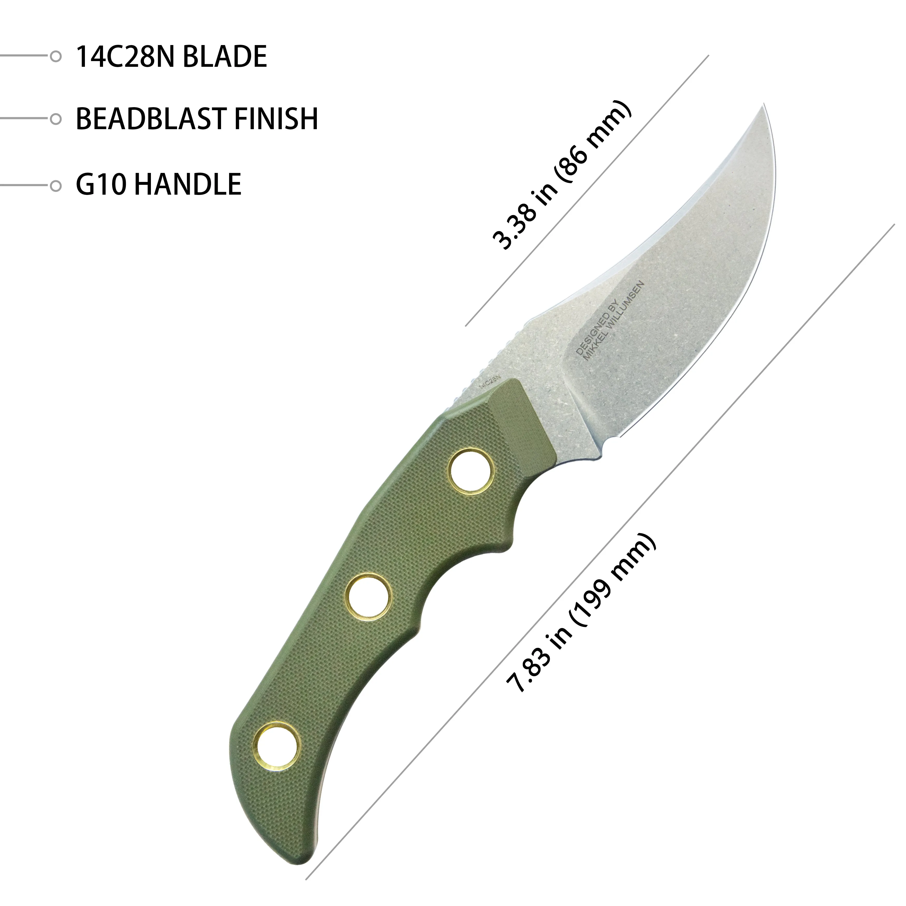 Mikkel Willumsen Design Blade Hunter Clip Point EDC Fixed Blade Knife Green G10 Handle 3.38 Beadblast 14C28N KU375C